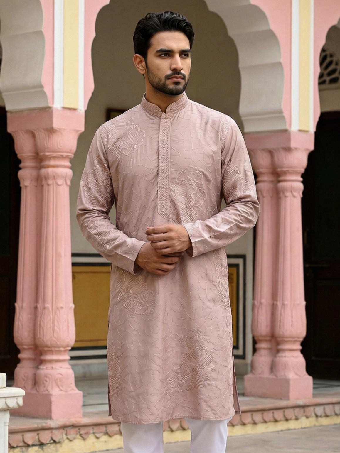 Men Peach Embroidered Festive Kurta ( 65KO 5472Peach S ) [FF] [Q-11-14]