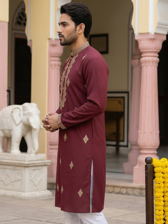 Men Japanese Fabric Embroidered Kurta ( 65KO 5473Maroon S ) [FF] [H-10]