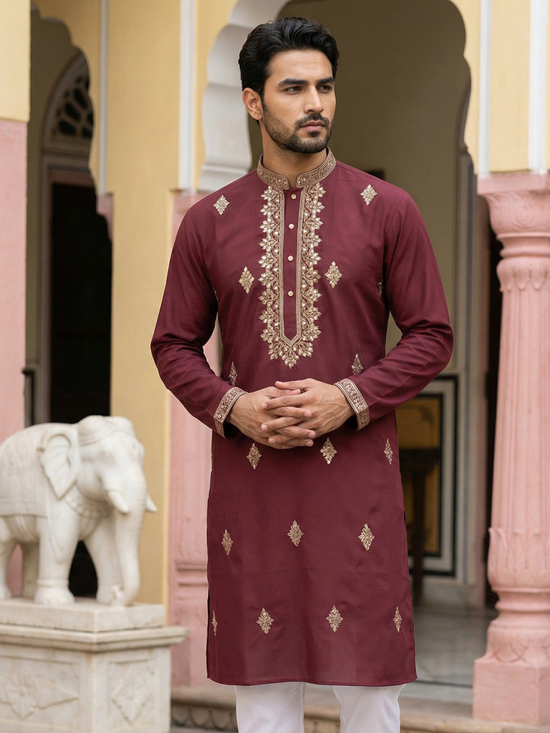 Men Japanese Fabric Embroidered Kurta ( 65KO 5473Maroon S ) [FF] [H-10]