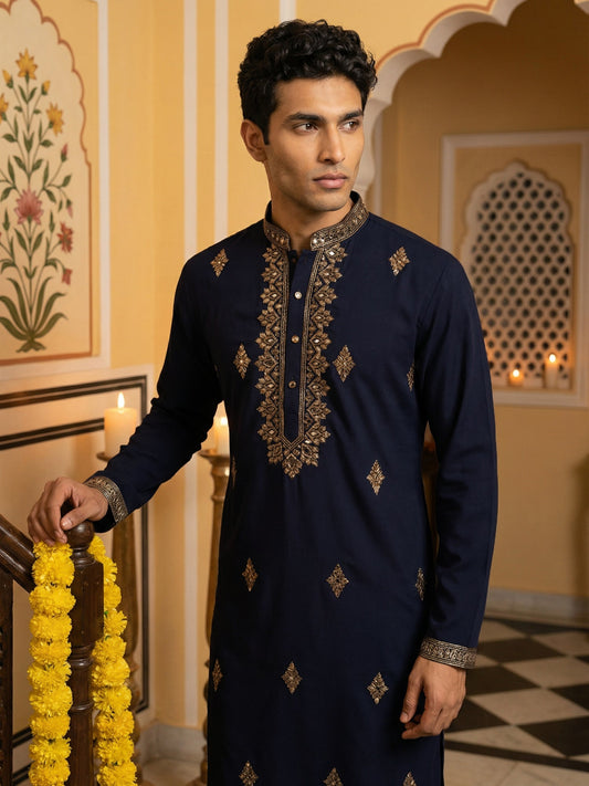 Men Japanese Fabric Embroidered Kurta ( 65KO 5473Navy S ) [FF] [H-10]