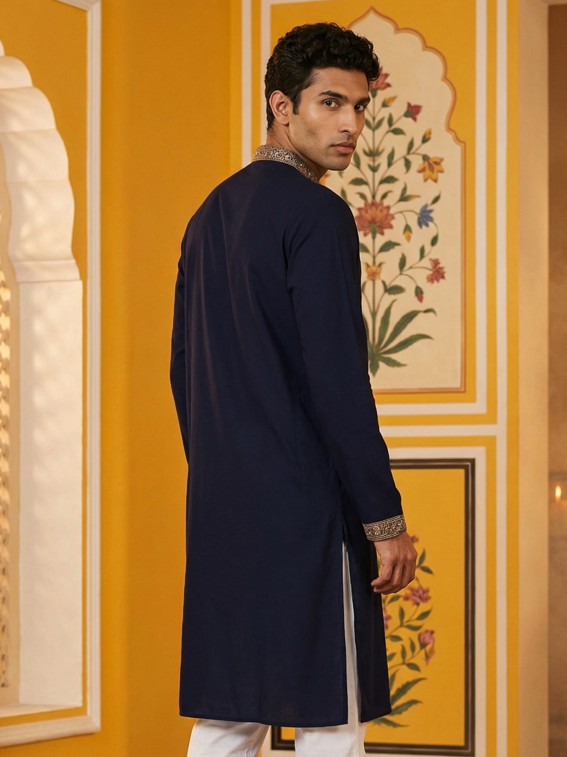 Men Japanese Fabric Embroidered Kurta ( 65KO 5473Navy S ) [FF] [H-10]