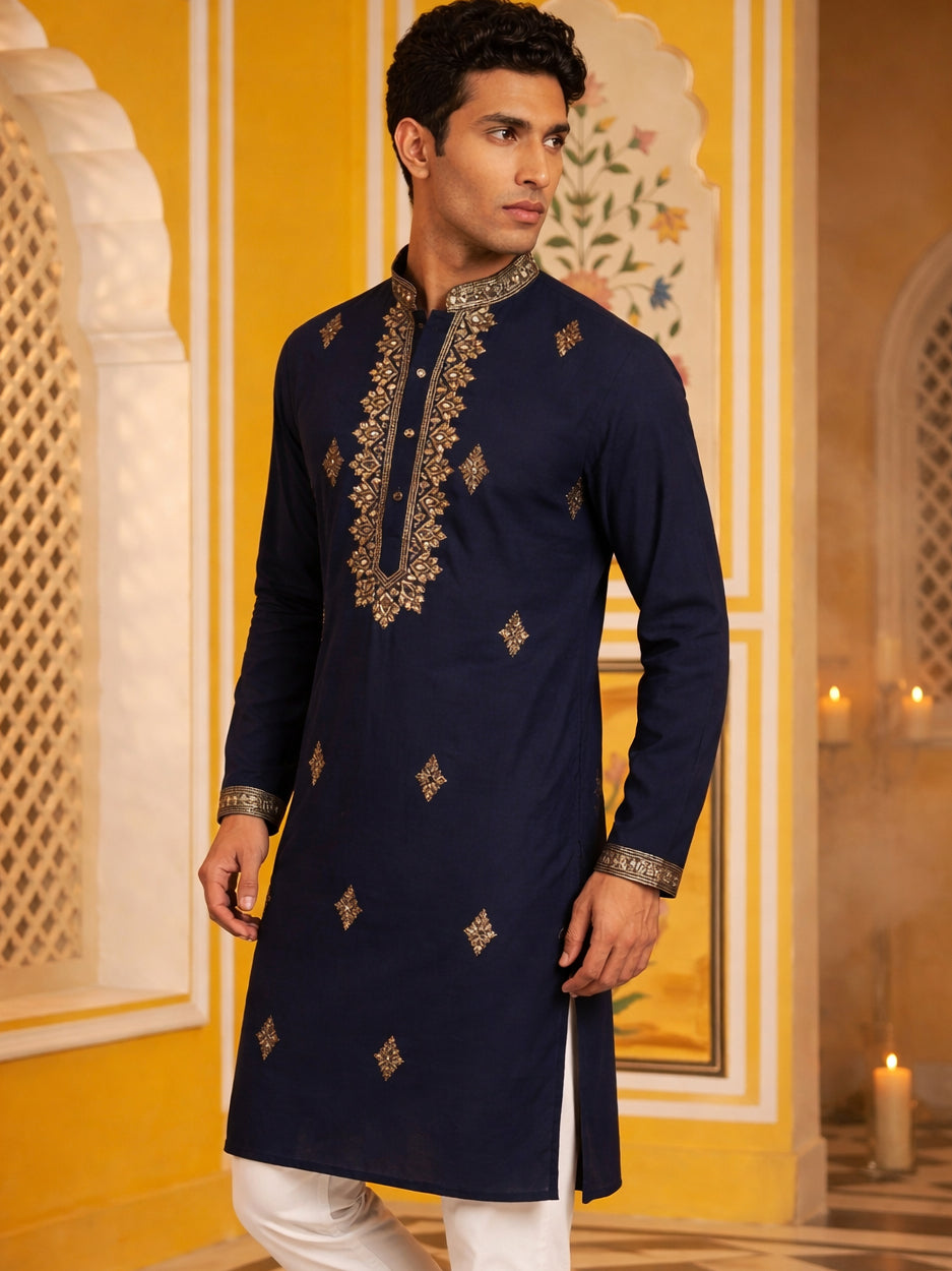 Men Japanese Fabric Embroidered Kurta ( 65KO 5473Navy S ) [FF] [H-10]