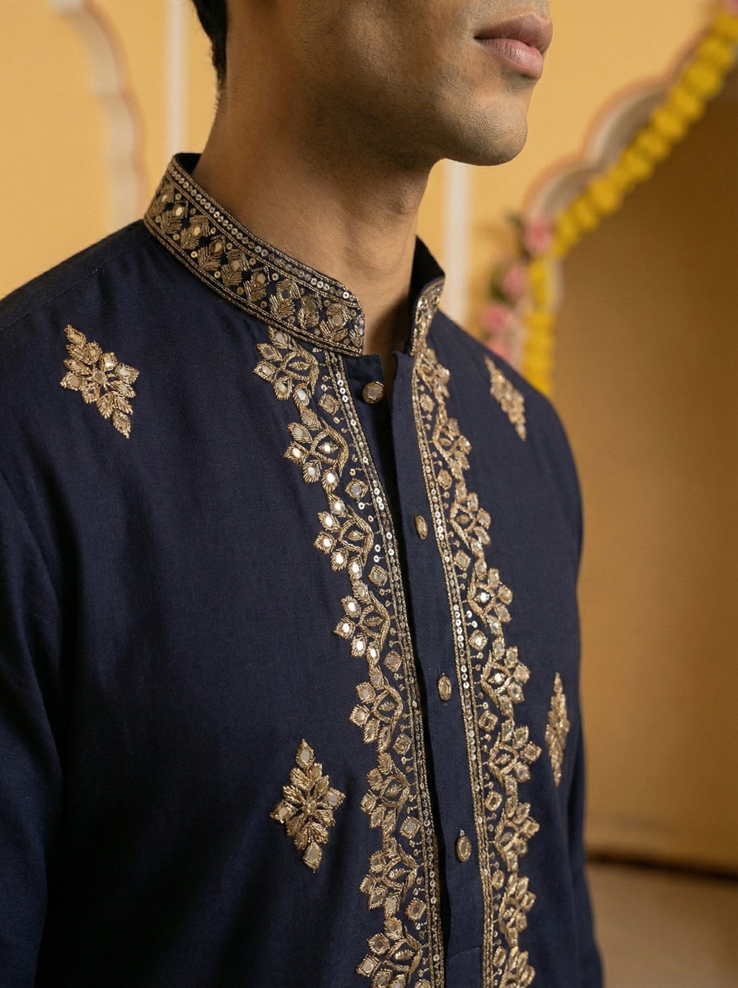 Men Japanese Fabric Embroidered Kurta ( 65KO 5473Navy S ) [FF] [H-10]