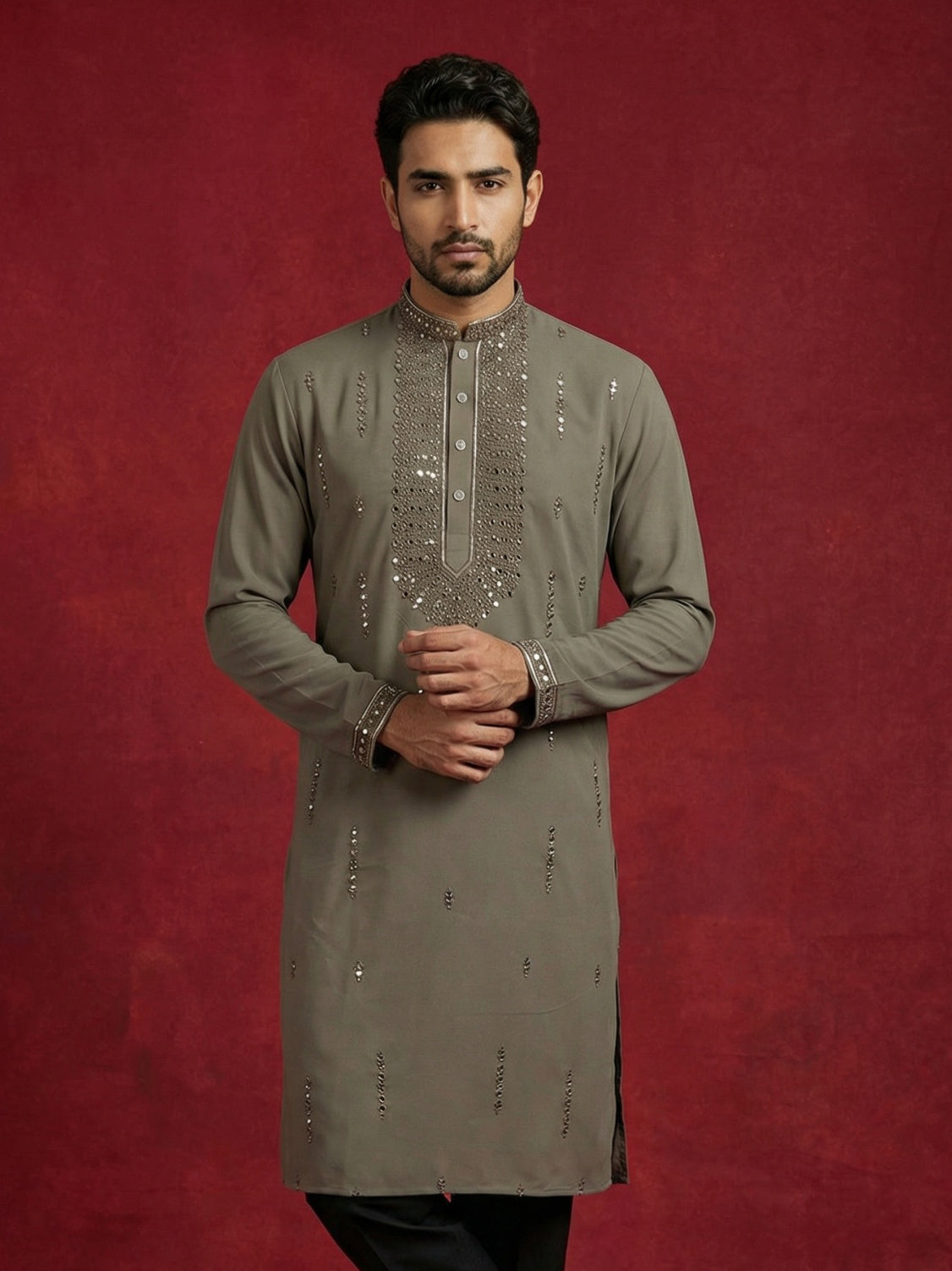 Men Japanese Imported Embroidered Kurta ( 65KO 5474Brown S ) [FF] [I-1]