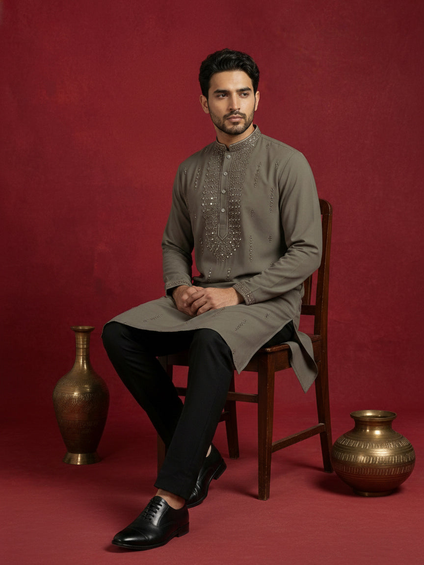 Men Japanese Imported Embroidered Kurta ( 65KO 5474Brown S ) [FF] [I-1]