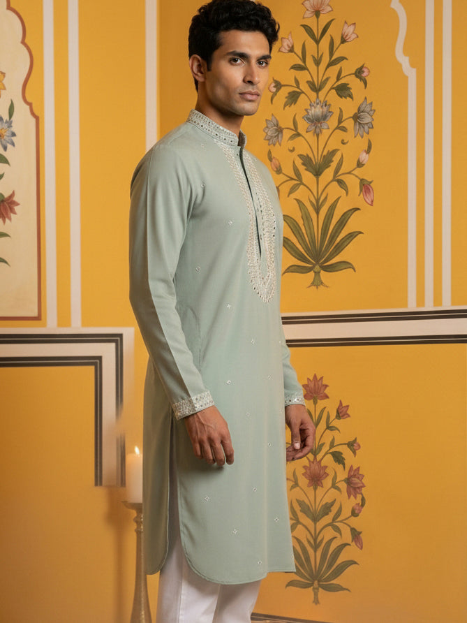 Men Japanese Fabric Embroidered Kurta ( 65KO 5475Green S )