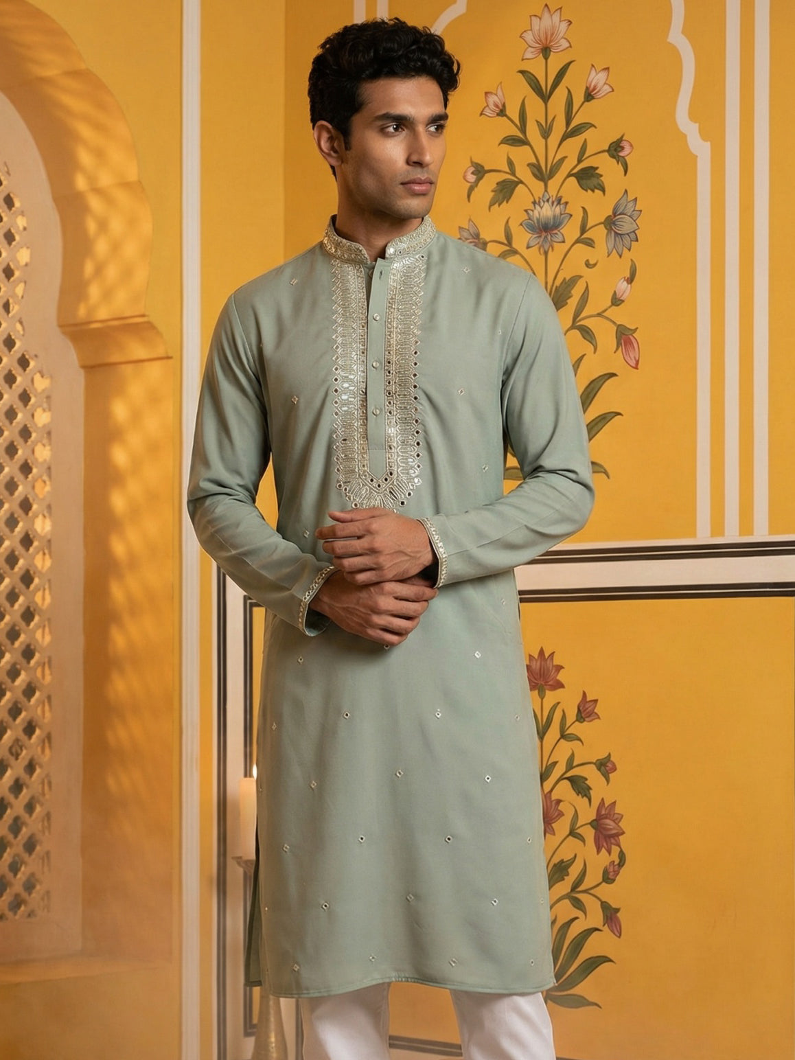 Men Japanese Fabric Embroidered Kurta ( 65KO 5475Green S )