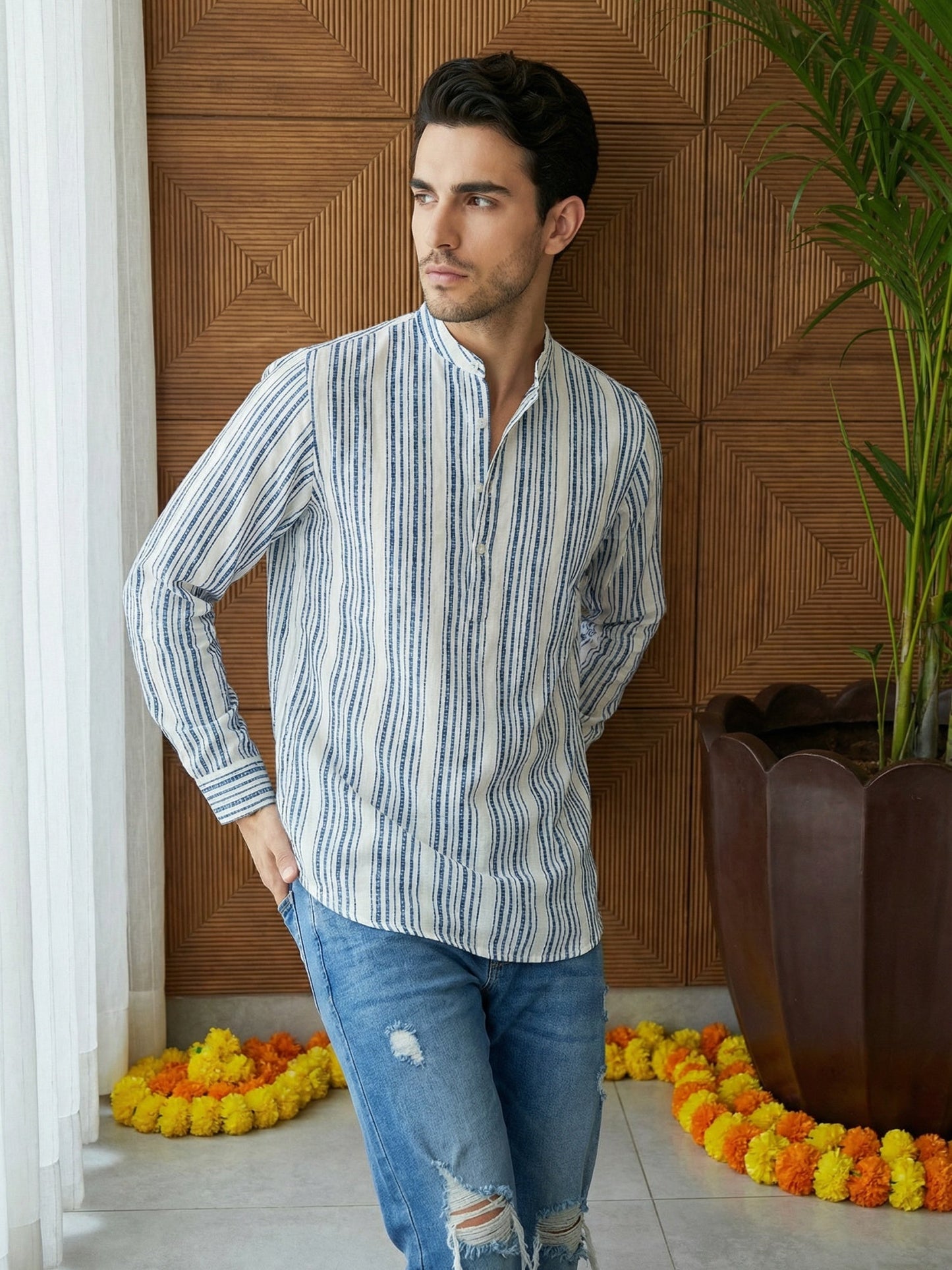 Stripe Pattern Cotton Blend Ethnic Kurta ( 65KO 5482White S ) [FF] [K-13]