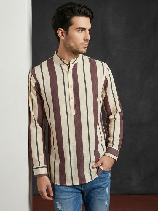 Men Traditional Stripe Printed Short Kurta ( 65KO 5484Coffee S ) [FF] [ A13 ]