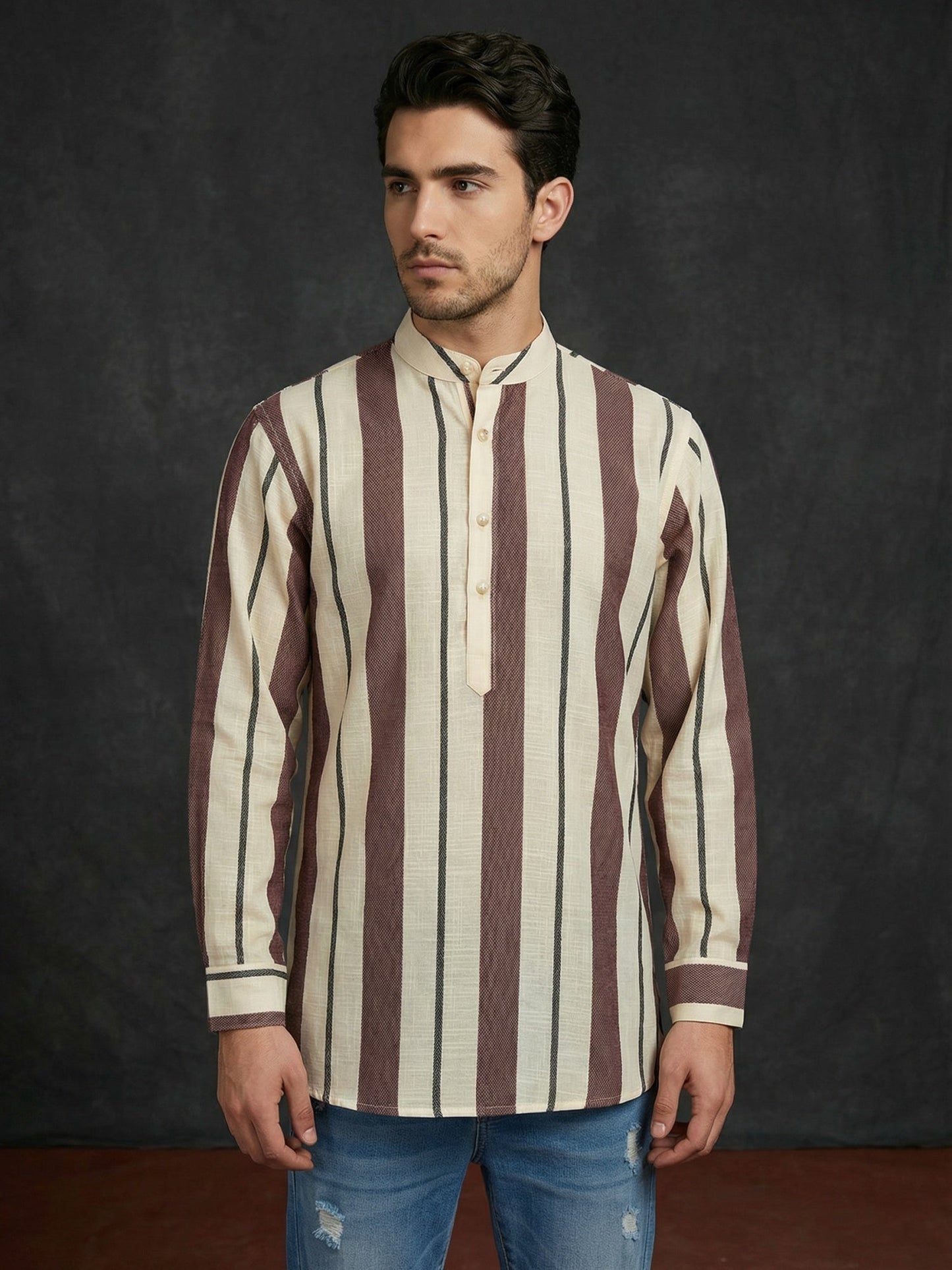 Men Traditional Stripe Printed Short Kurta ( 65KO 5484Coffee S ) [FF] [ A13 ]
