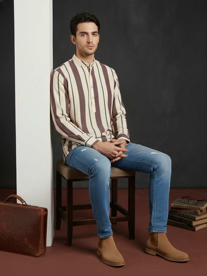 Men Traditional Stripe Printed Short Kurta ( 65KO 5484Coffee S ) [FF] [ A13 ]
