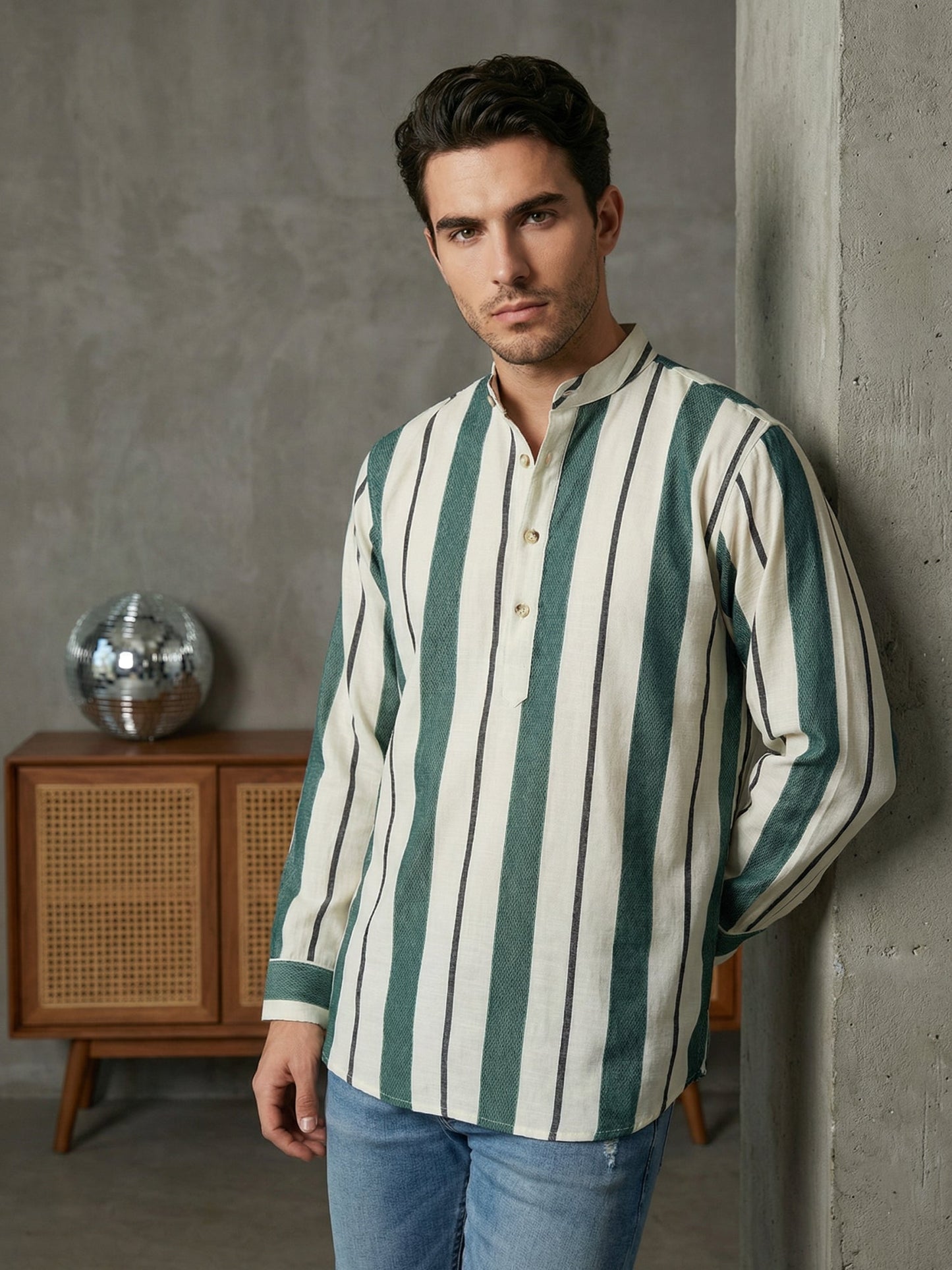Men Traditional Stripe Printed Short Kurta ( 65SK 5484Green ) [FF] [K-13]