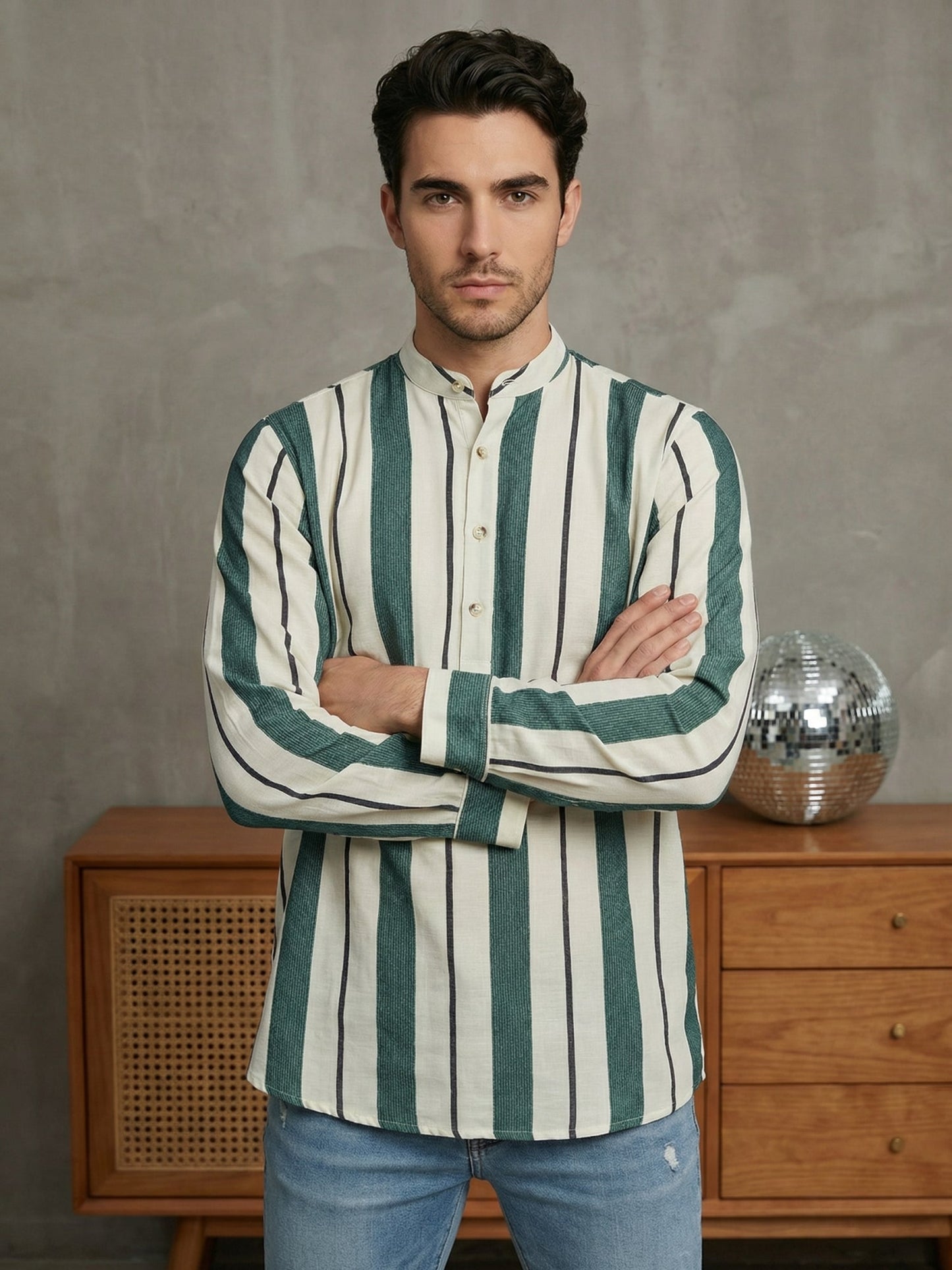 Men Traditional Stripe Printed Short Kurta ( 65SK 5484Green ) [FF] [K-13]