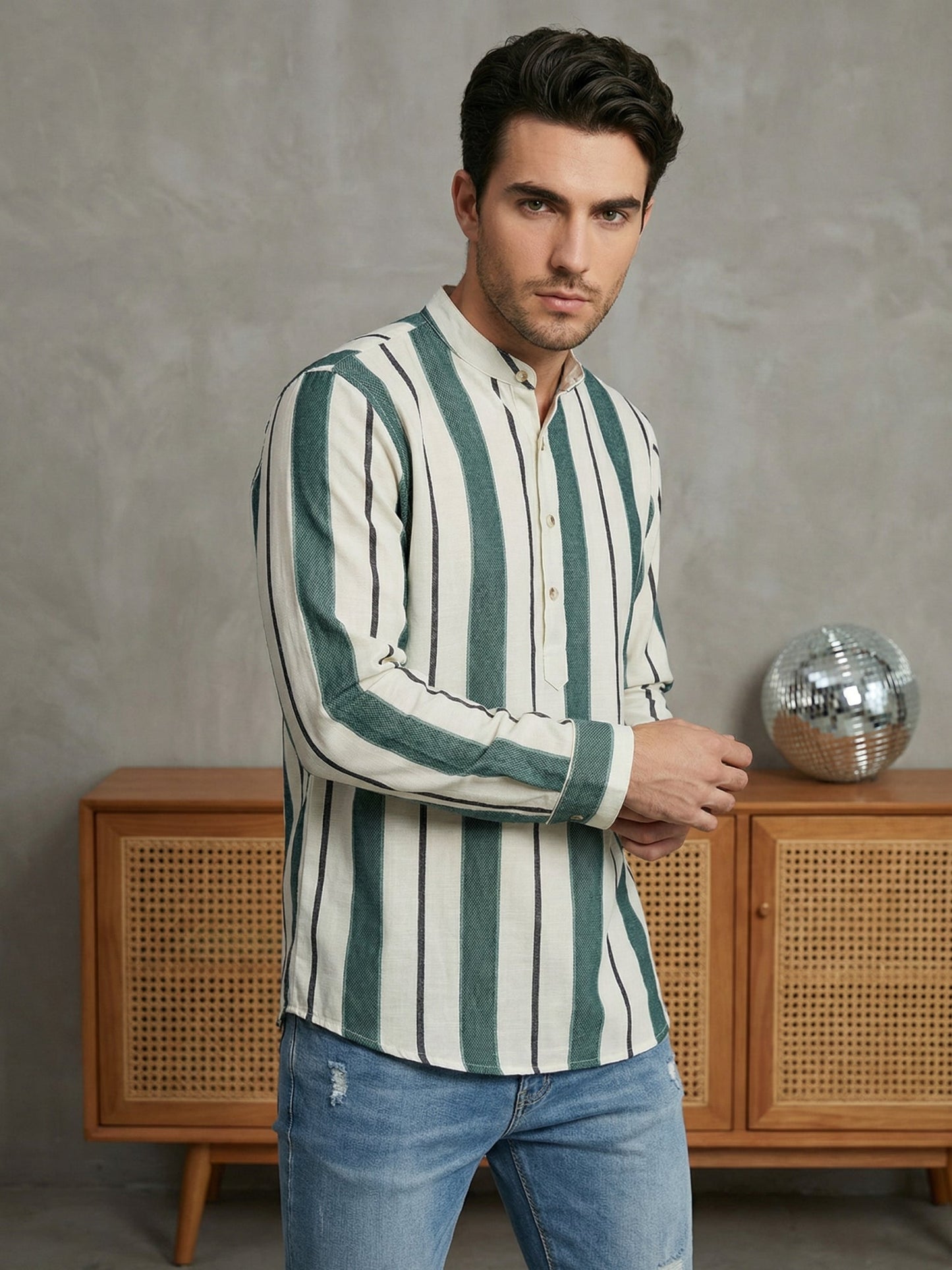 Men Traditional Stripe Printed Short Kurta ( 65SK 5484Green ) [FF] [K-13]