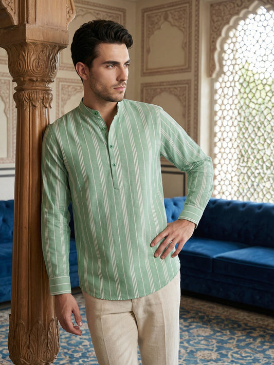 Stripe Pattern Cotton Blend Ethnic Kurta ( 65KO 5485Green S ) [FF] [K-13]