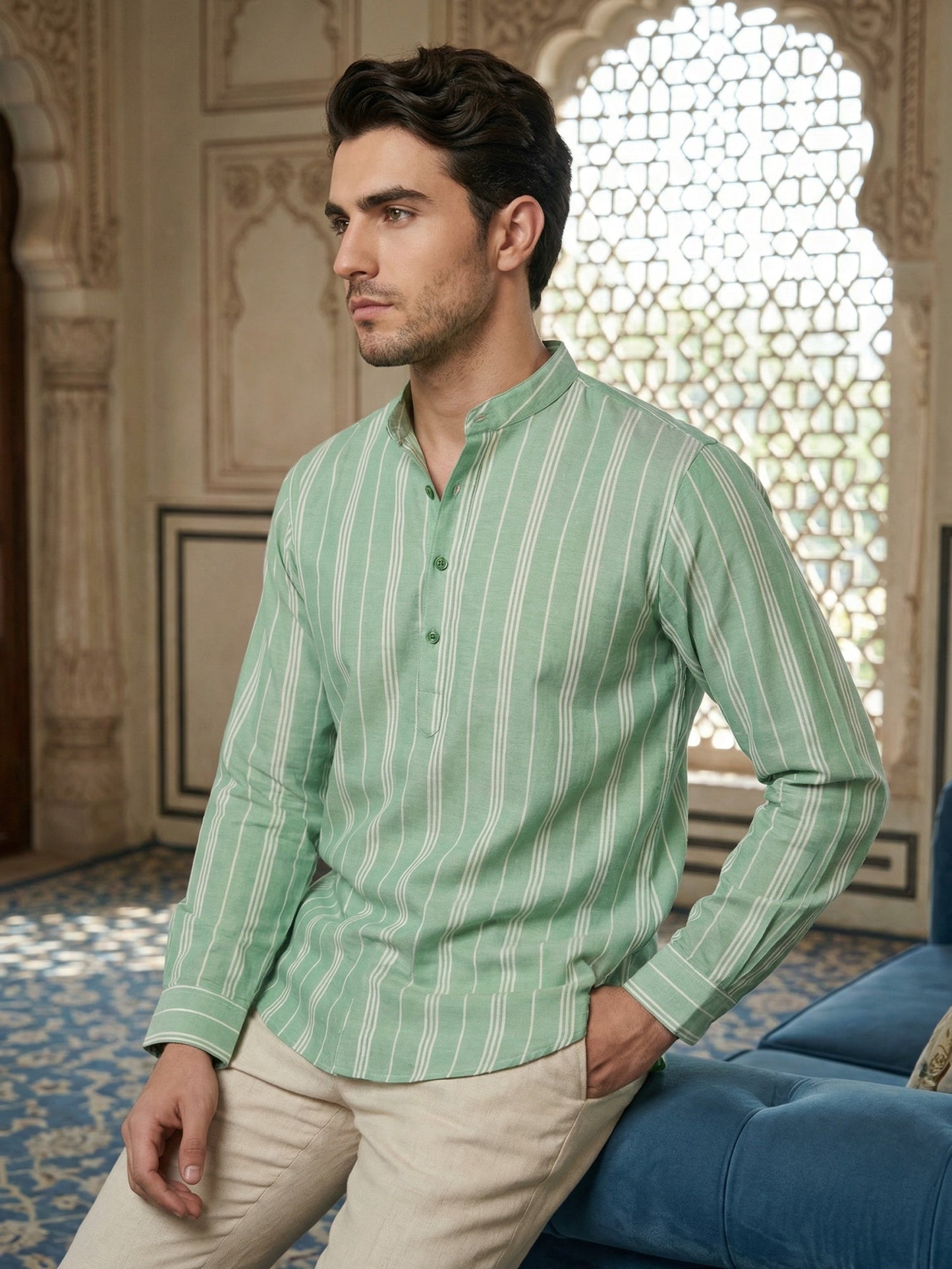 Stripe Pattern Cotton Blend Ethnic Kurta ( 65KO 5485Green S ) [FF] [K-13]