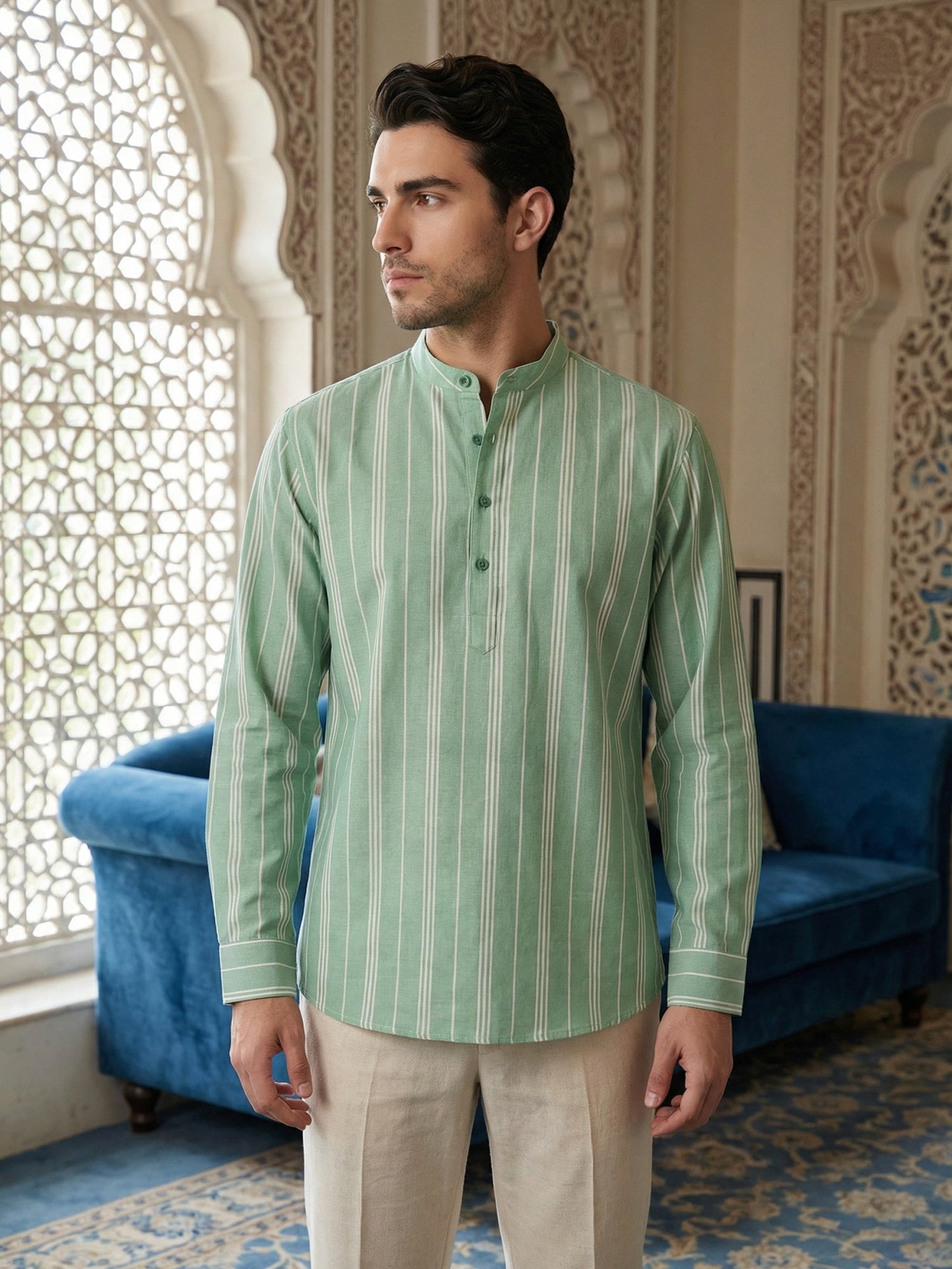 Stripe Pattern Cotton Blend Ethnic Kurta ( 65KO 5485Green S ) [FF] [K-13]