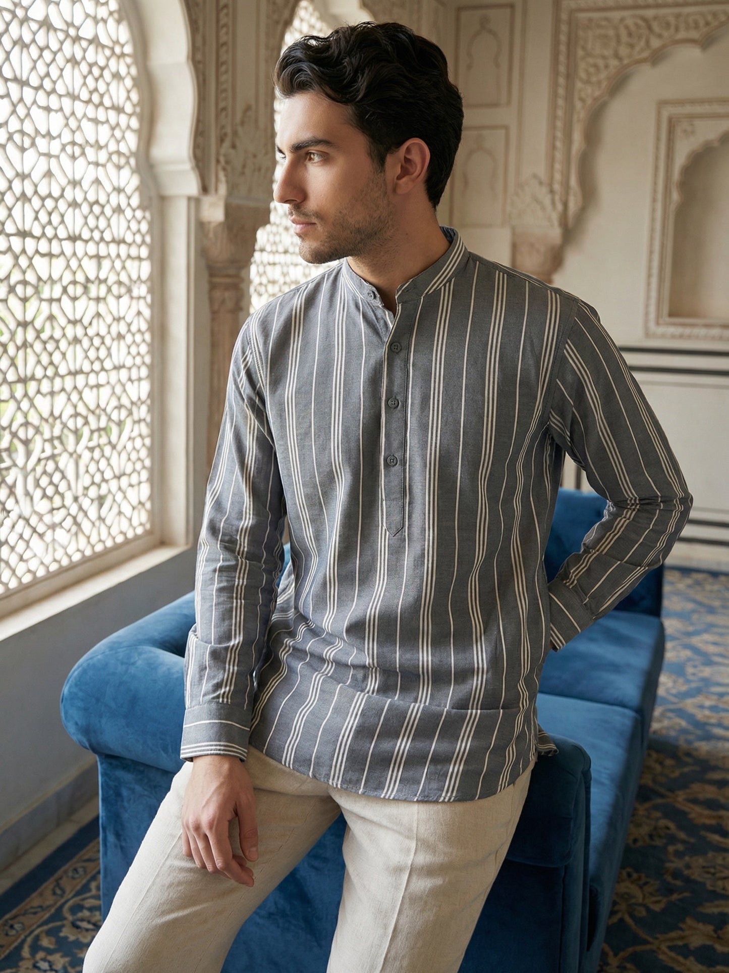 Stripe Pattern Cotton Blend Ethnic Kurta ( 65KO 5485Grey S ) [FF] [K-13]