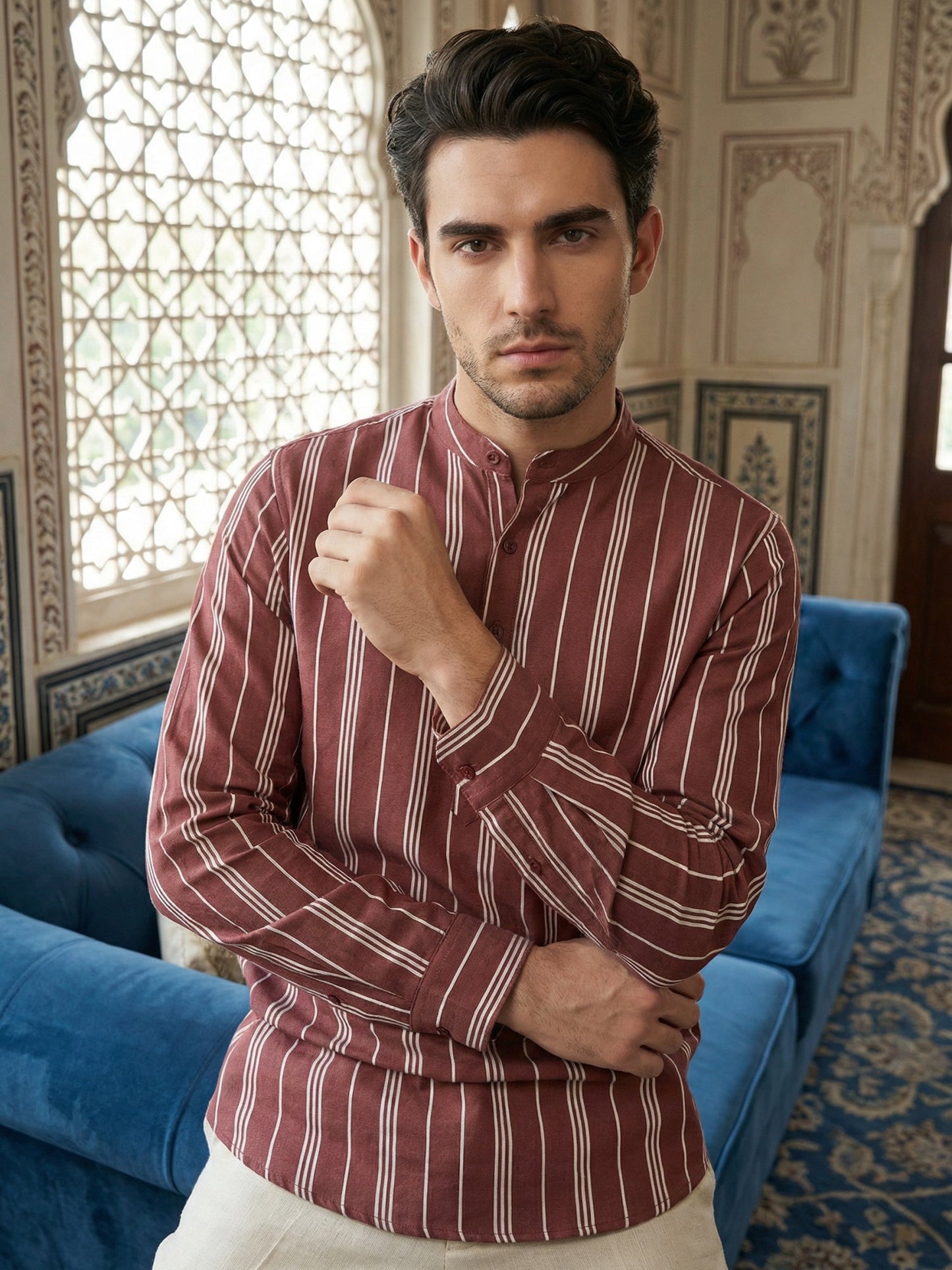 Stripe Pattern Cotton Blend Ethnic Kurta ( 65KO 5485Rust S ) [FF] [K-13]