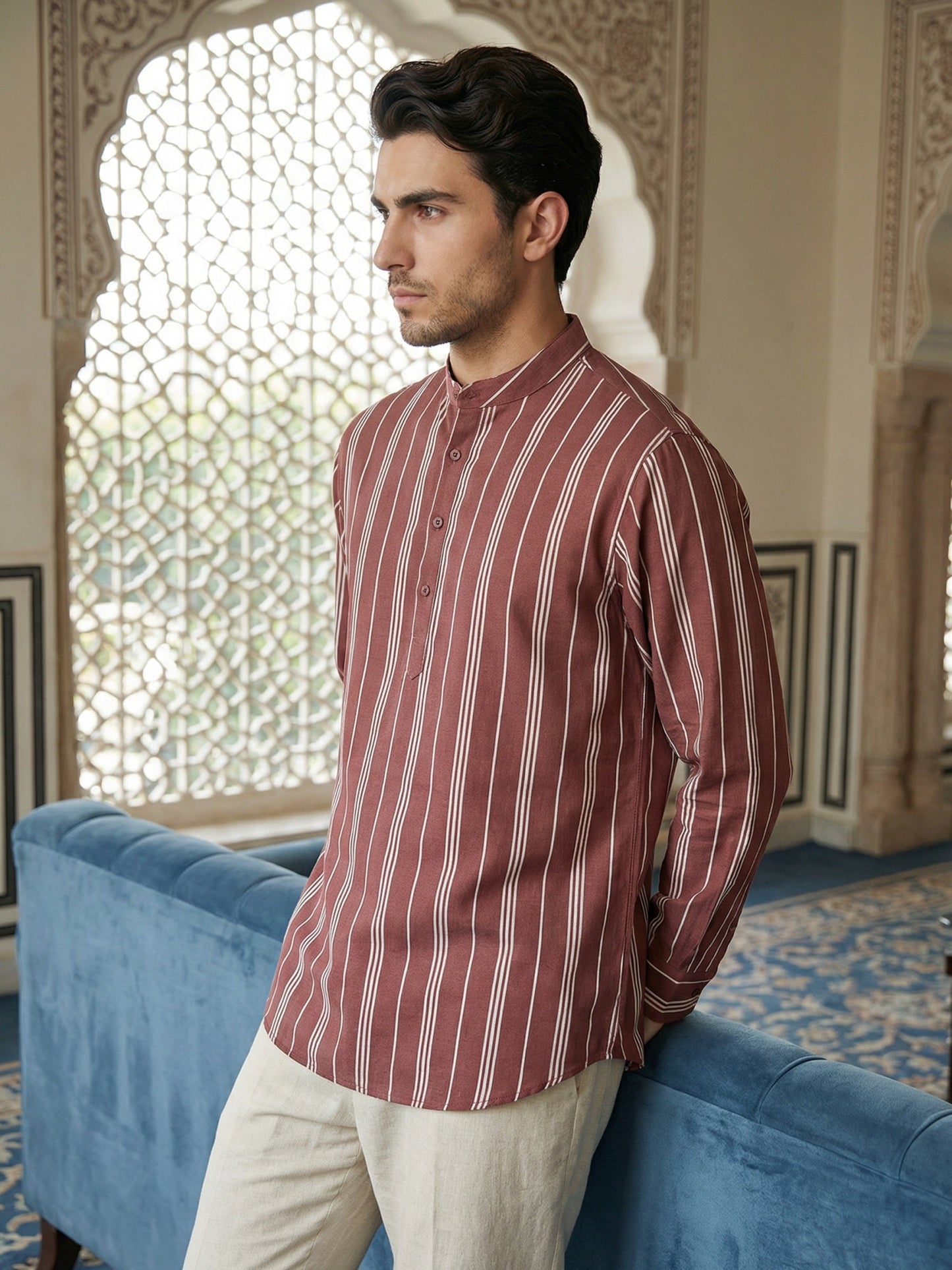 Stripe Pattern Cotton Blend Ethnic Kurta ( 65KO 5485Rust S ) [FF] [K-13]
