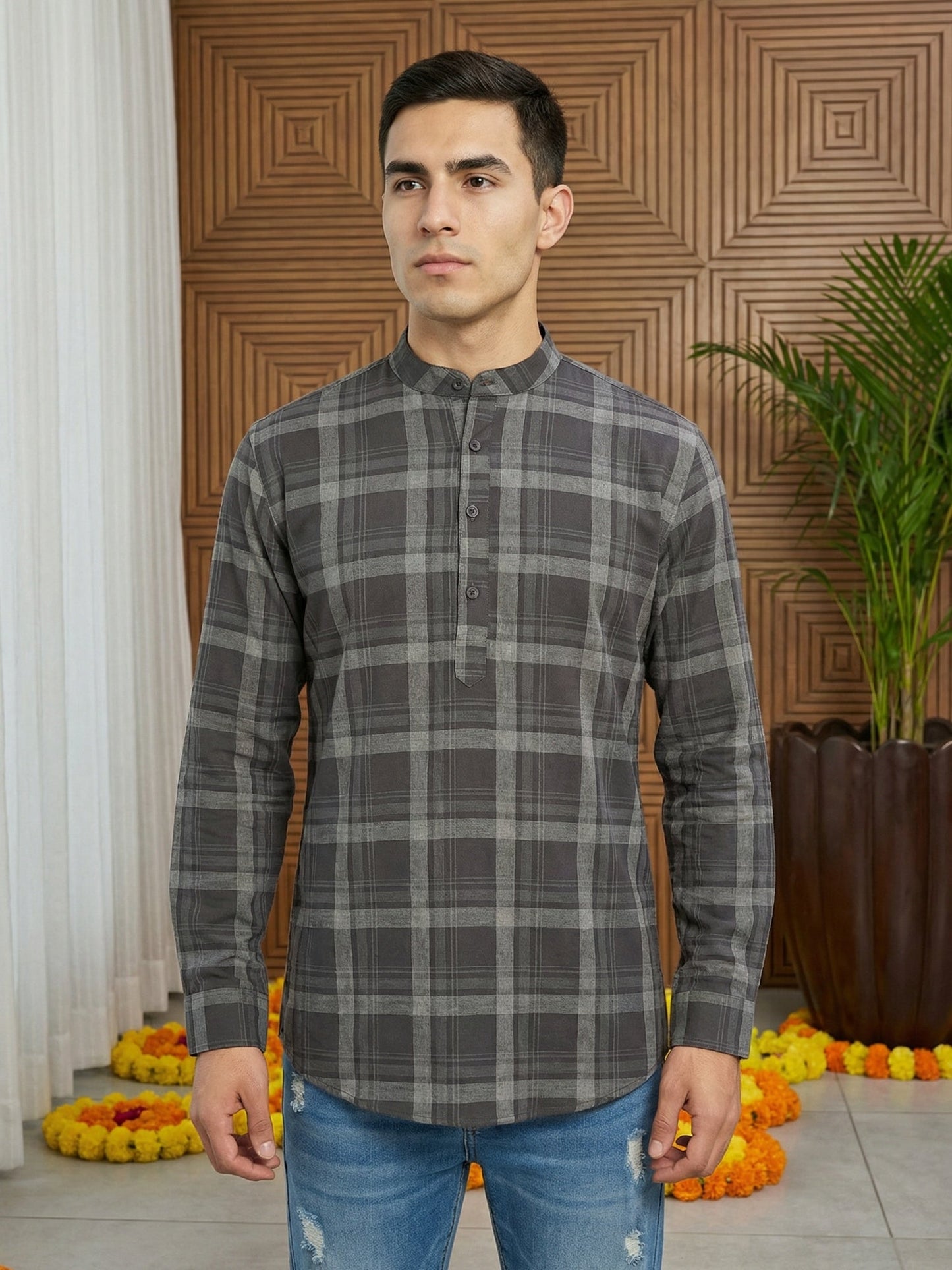 Men Classic Check Design Short Kurta ( 65KO 5486Grey S ) [FF] [ A14 ]