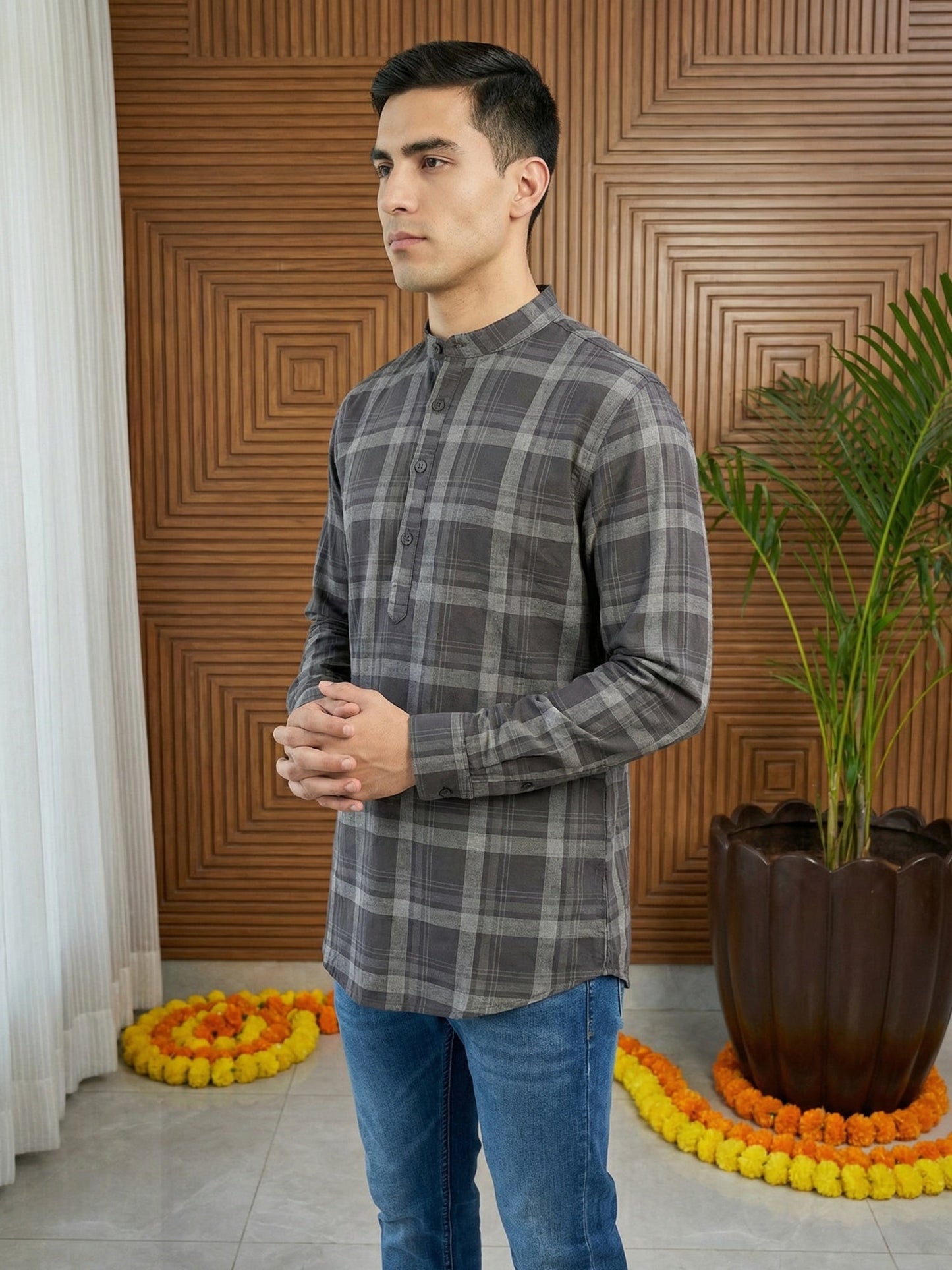 Men Classic Check Design Short Kurta ( 65KO 5486Grey S ) [FF] [ A14 ]