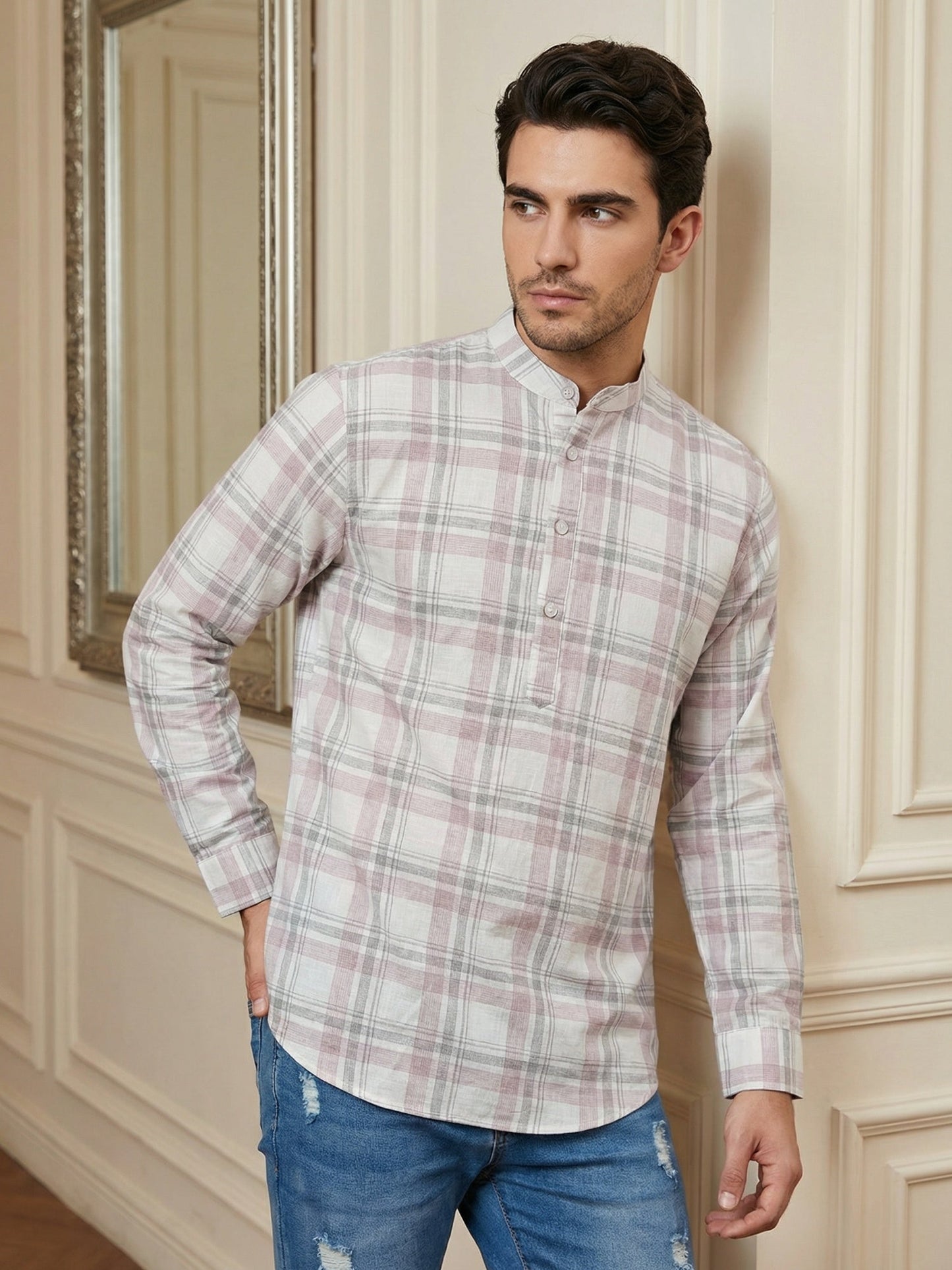 Men Classic Check Design Short Kurta ( 65KO 5486Pink S ) [FF] [ A14 ]
