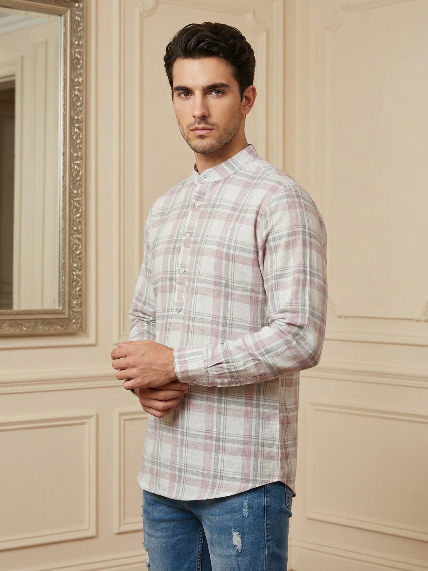 Men Classic Check Design Short Kurta ( 65KO 5486Pink S ) [FF] [ A14 ]