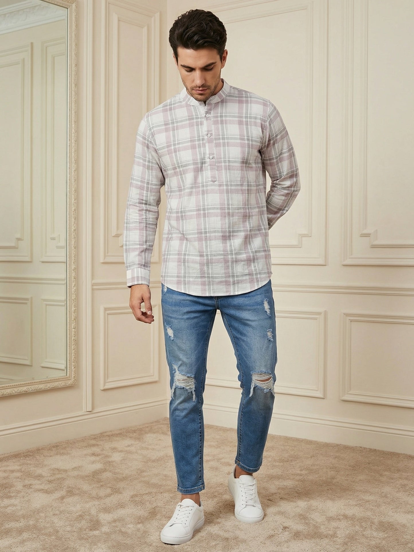 Men Classic Check Design Short Kurta ( 65KO 5486Pink S ) [FF] [ A14 ]