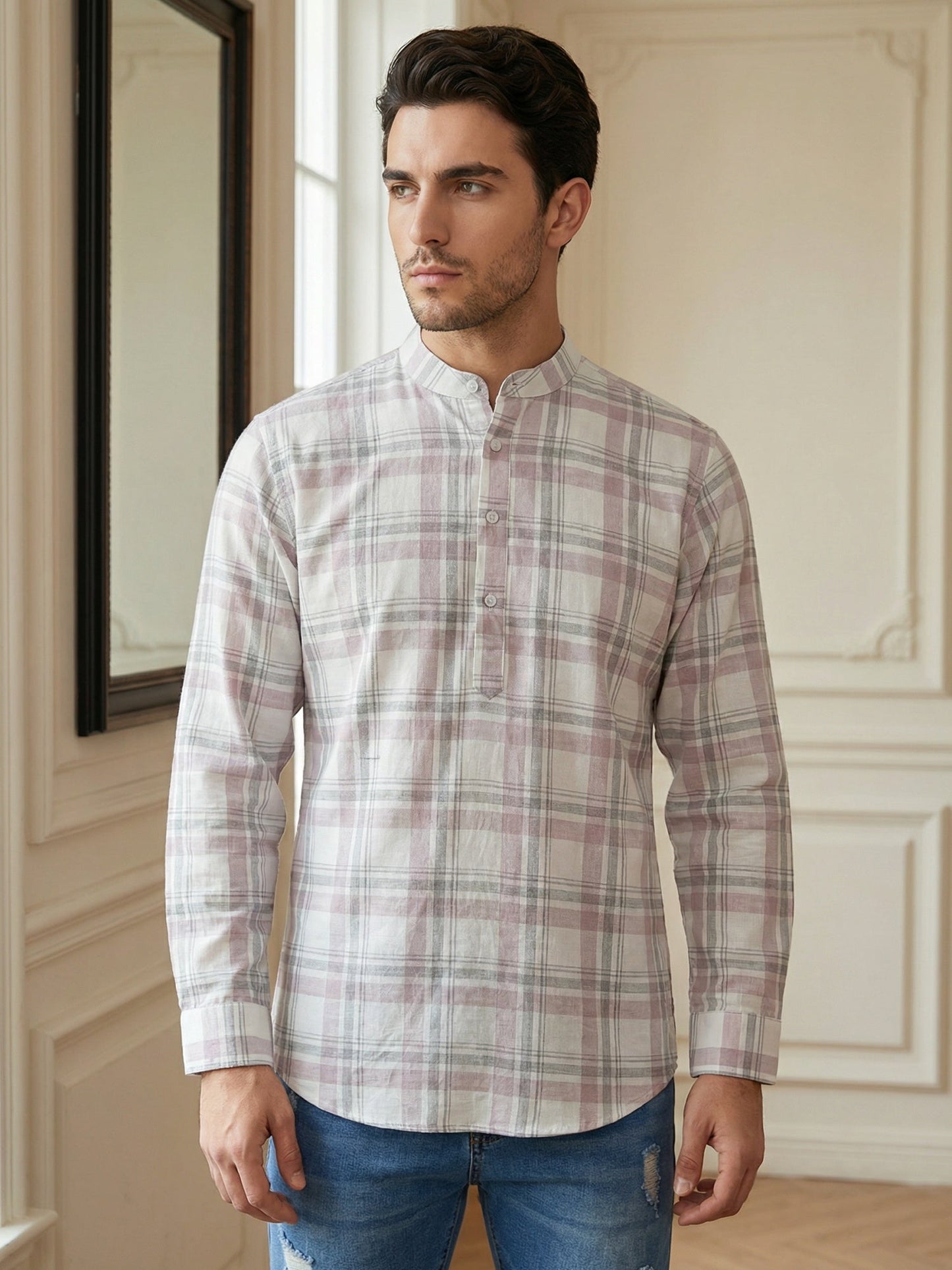 Men Classic Check Design Short Kurta ( 65KO 5486Pink S ) [FF] [ A14 ]