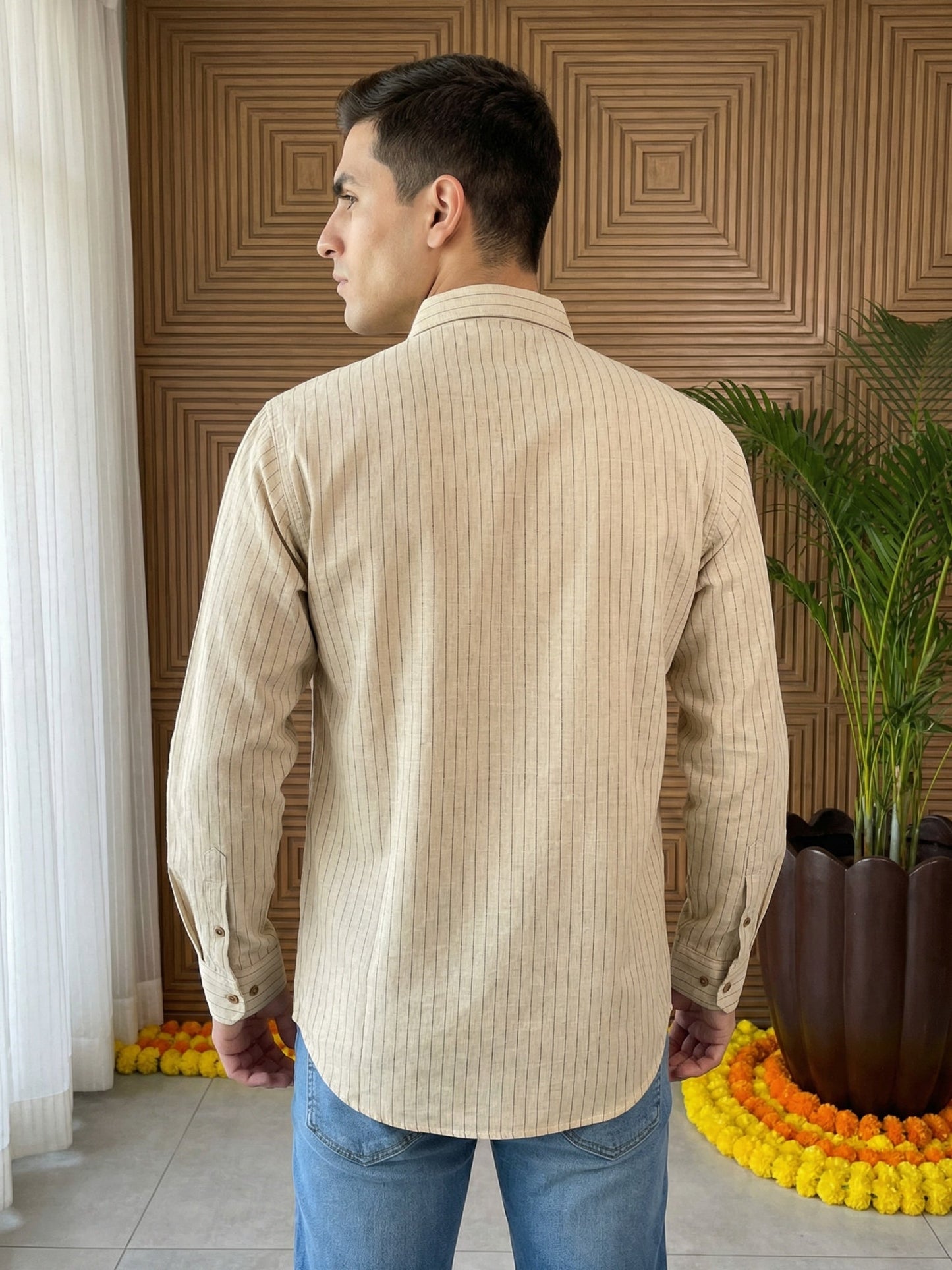 Men Striped Pure Cotton Short Kurta ( 65KO 5487Beige S ) [FF] [K-13]