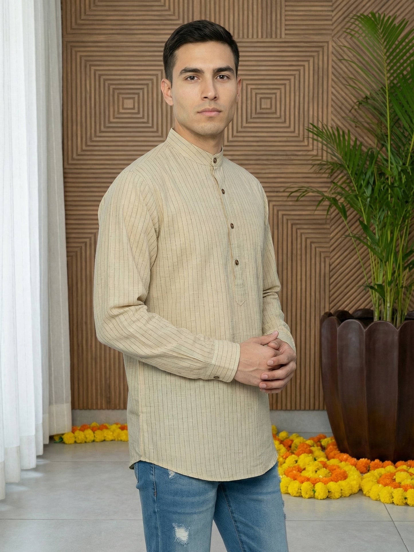 Men Striped Pure Cotton Short Kurta ( 65KO 5487Beige S ) [FF] [K-13]