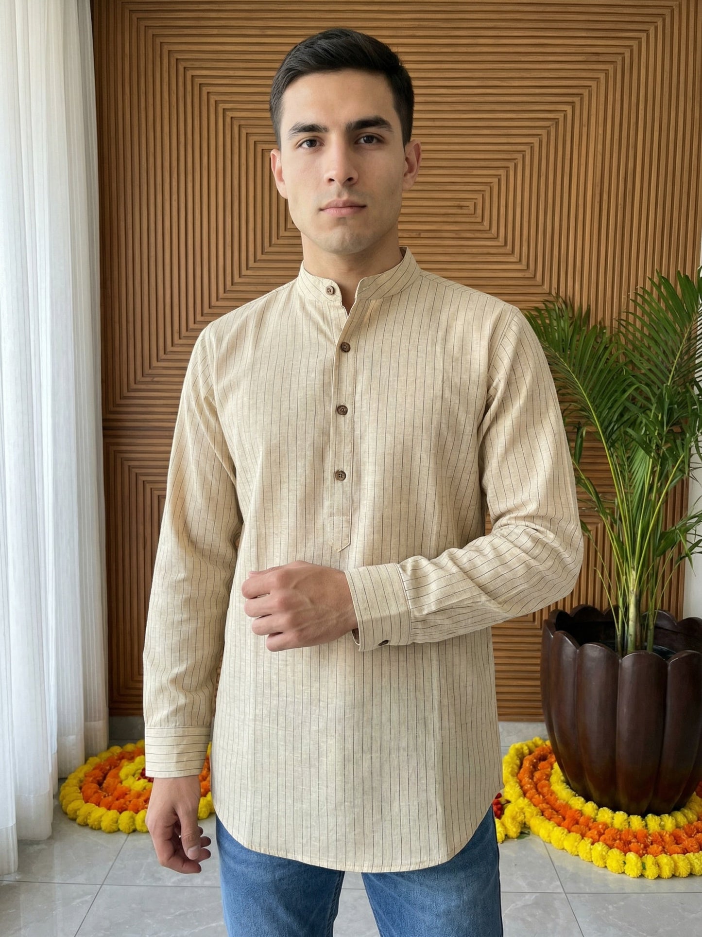 Men Striped Pure Cotton Short Kurta ( 65KO 5487Beige S ) [FF] [K-13]