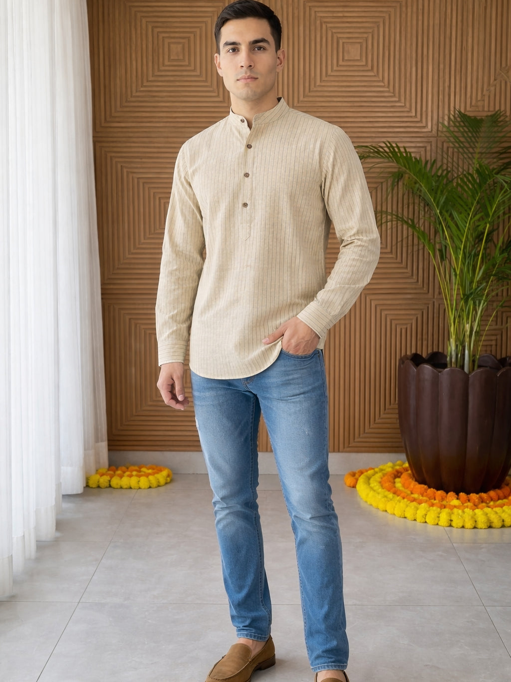 Men Striped Pure Cotton Short Kurta ( 65KO 5487Beige S ) [FF] [K-13]