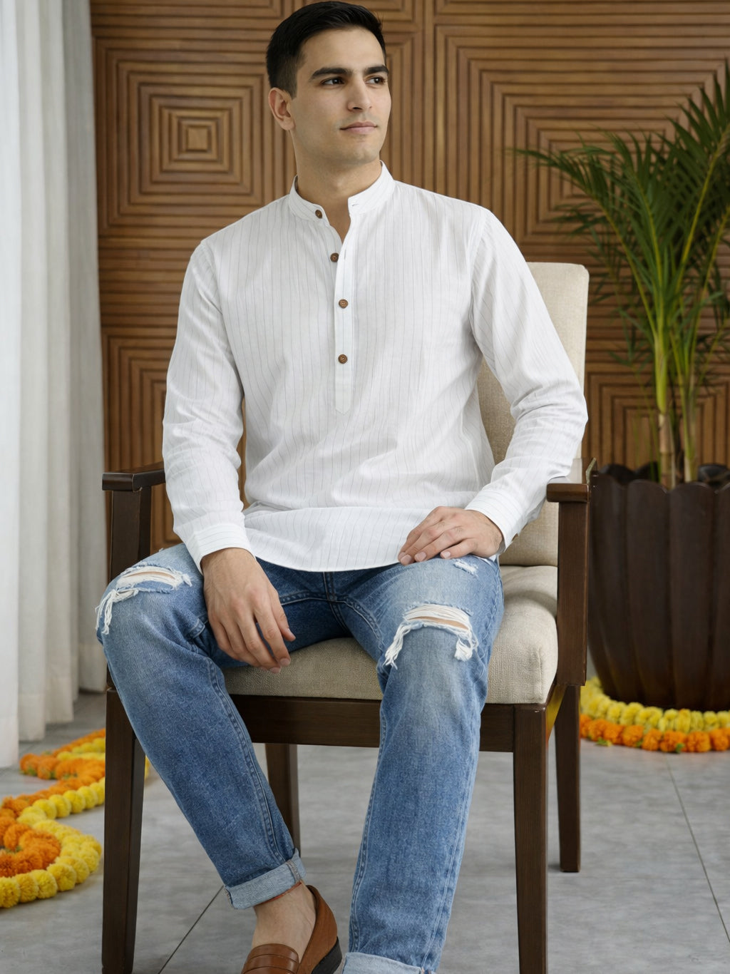 Men Striped Pure Cotton Short Kurta ( 65KO 5487White S ) [FF] [K-13]