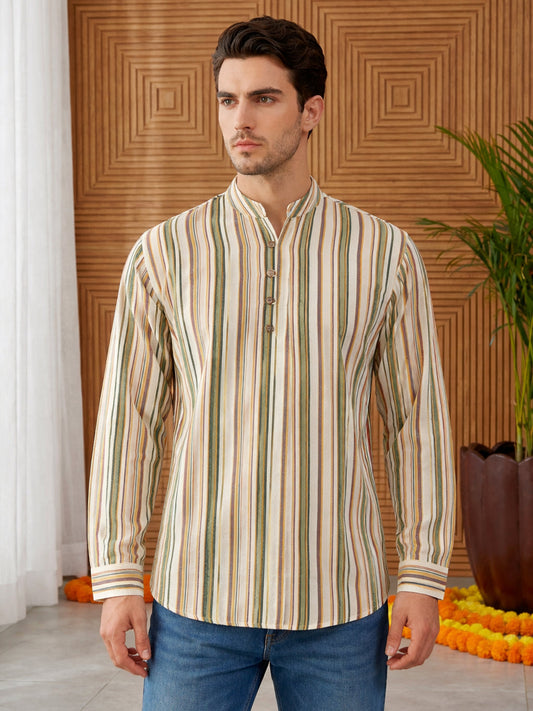 Men Casual Stripe Pattern Cotton Blend Kurta ( 65KO 5492Multi S ) [FF] [B-1]