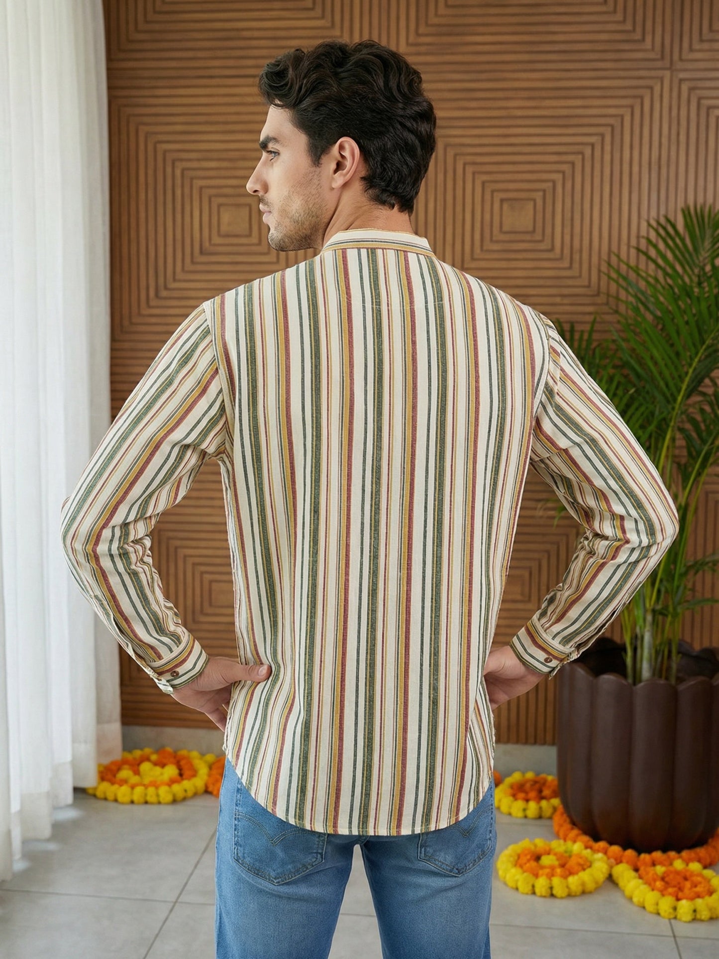 Men Casual Stripe Pattern Cotton Blend Kurta ( 65KO 5492Multi S ) [FF] [B-1]