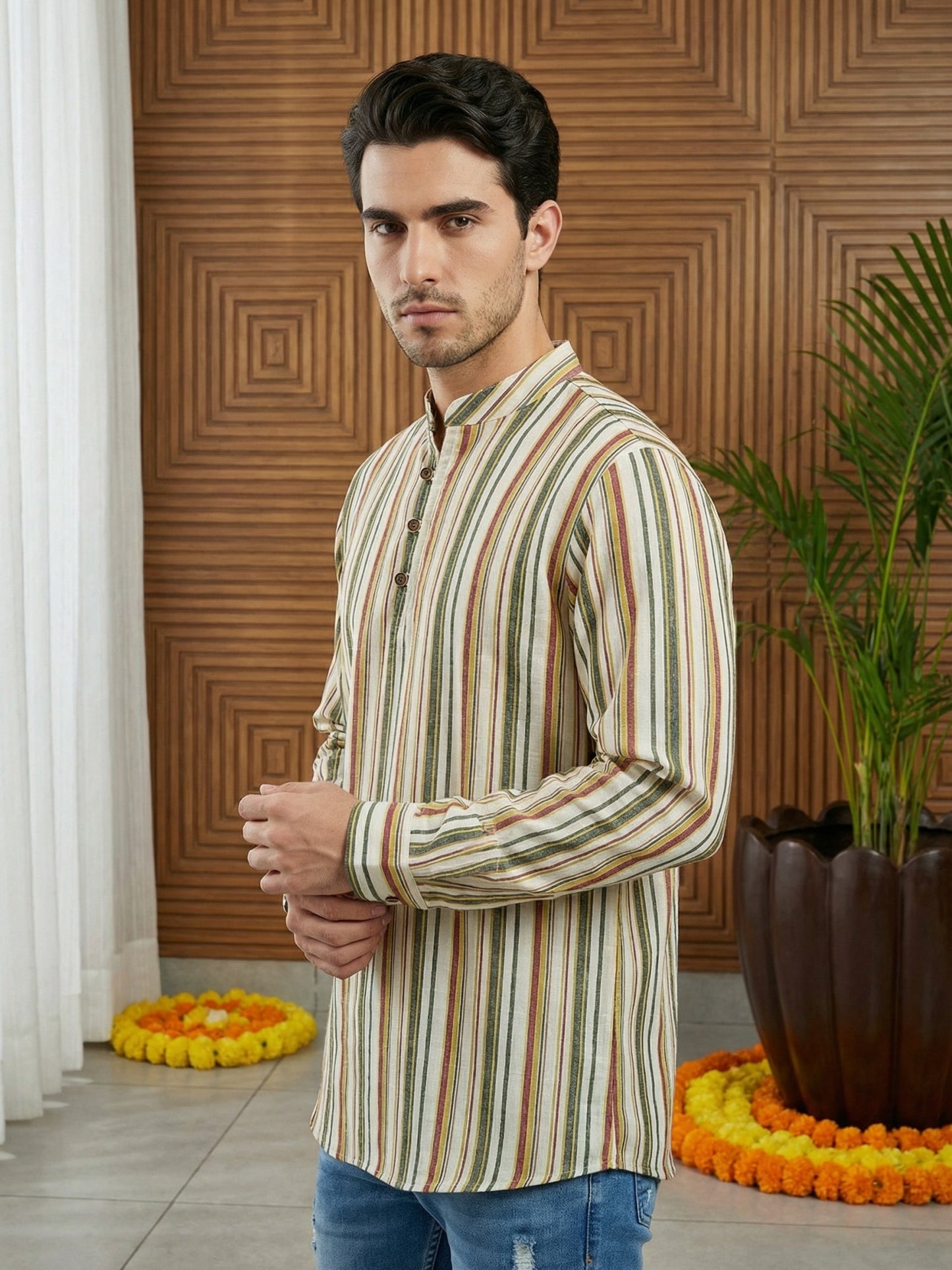 Men Casual Stripe Pattern Cotton Blend Kurta ( 65KO 5492Multi S ) [FF] [B-1]