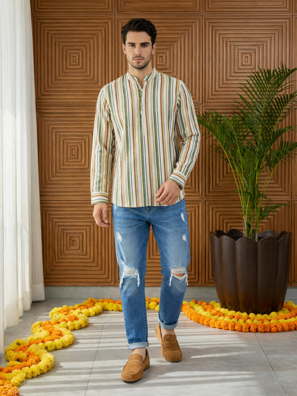 Men Casual Stripe Pattern Cotton Blend Kurta ( 65KO 5492Multi S ) [FF] [B-1]