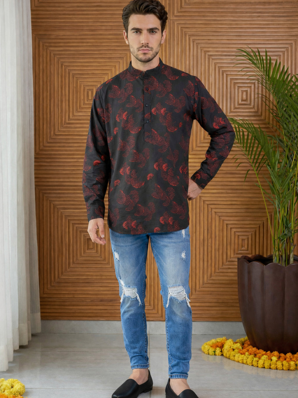 Men Classic Floral Design Short Kurta ( 65KO 5493Black S ) [FF] [K-13]