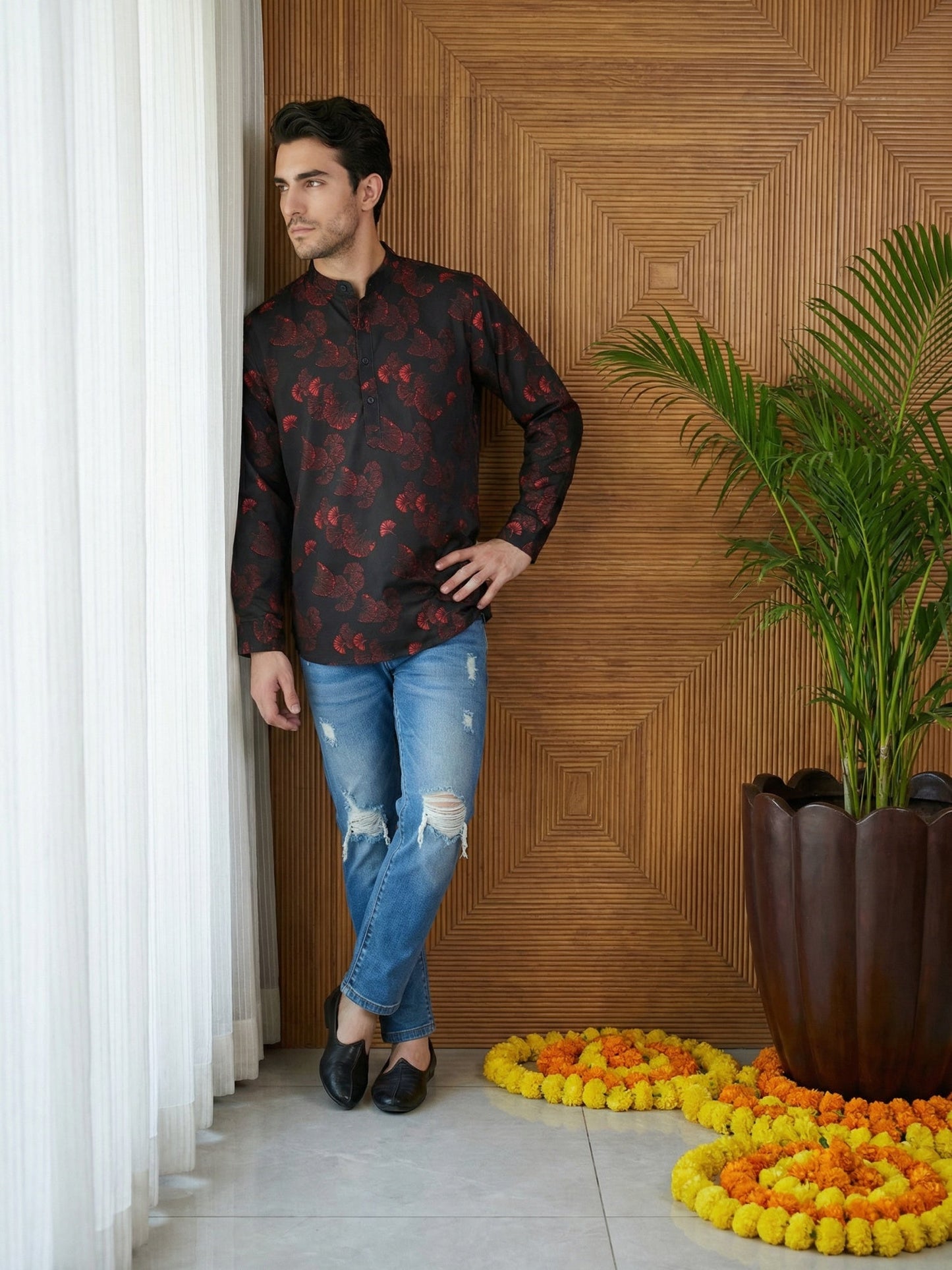 Men Classic Floral Design Short Kurta ( 65KO 5493Black S ) [FF] [K-13]