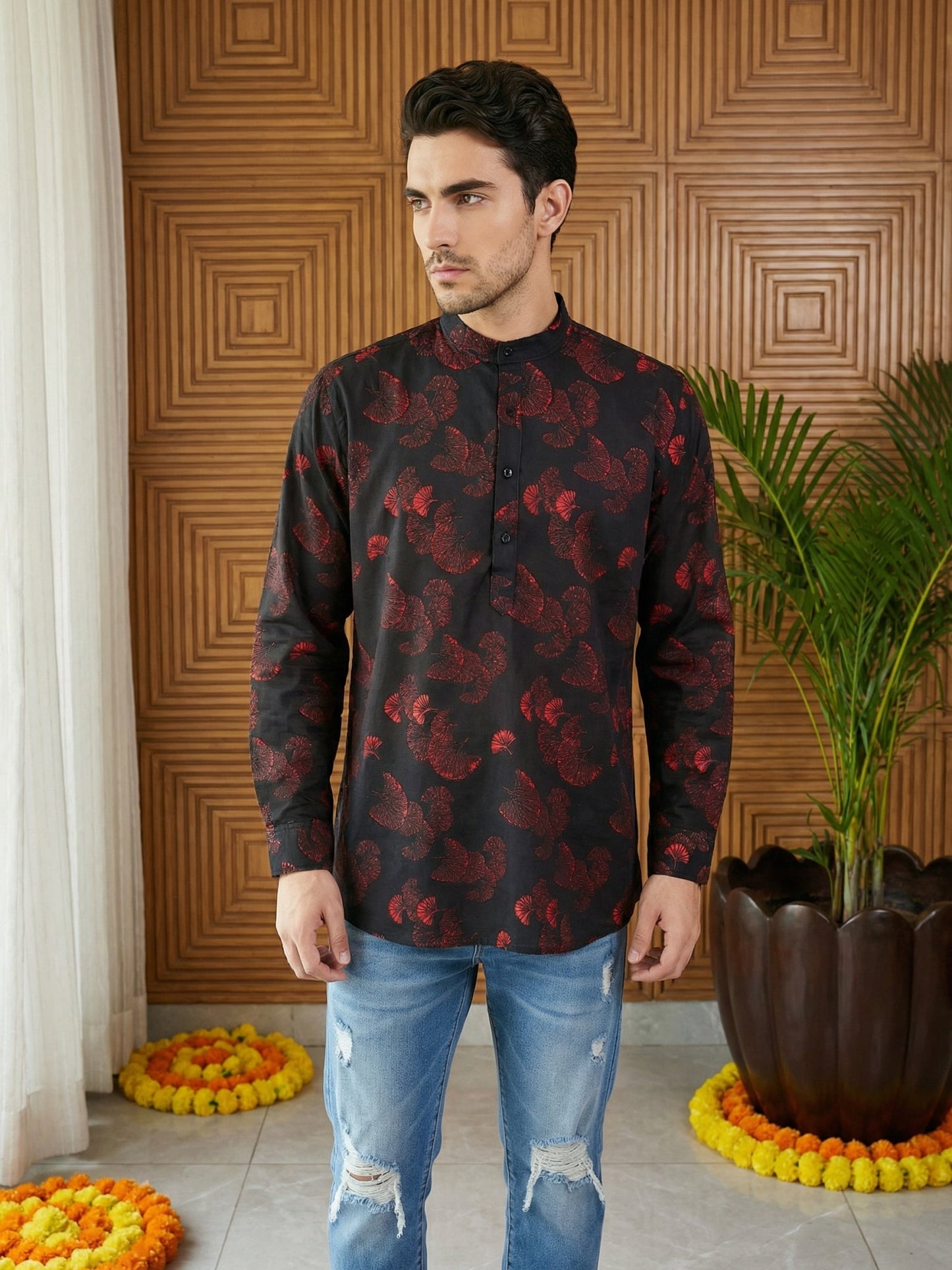 Men Classic Floral Design Short Kurta ( 65KO 5493Black S ) [FF] [K-13]