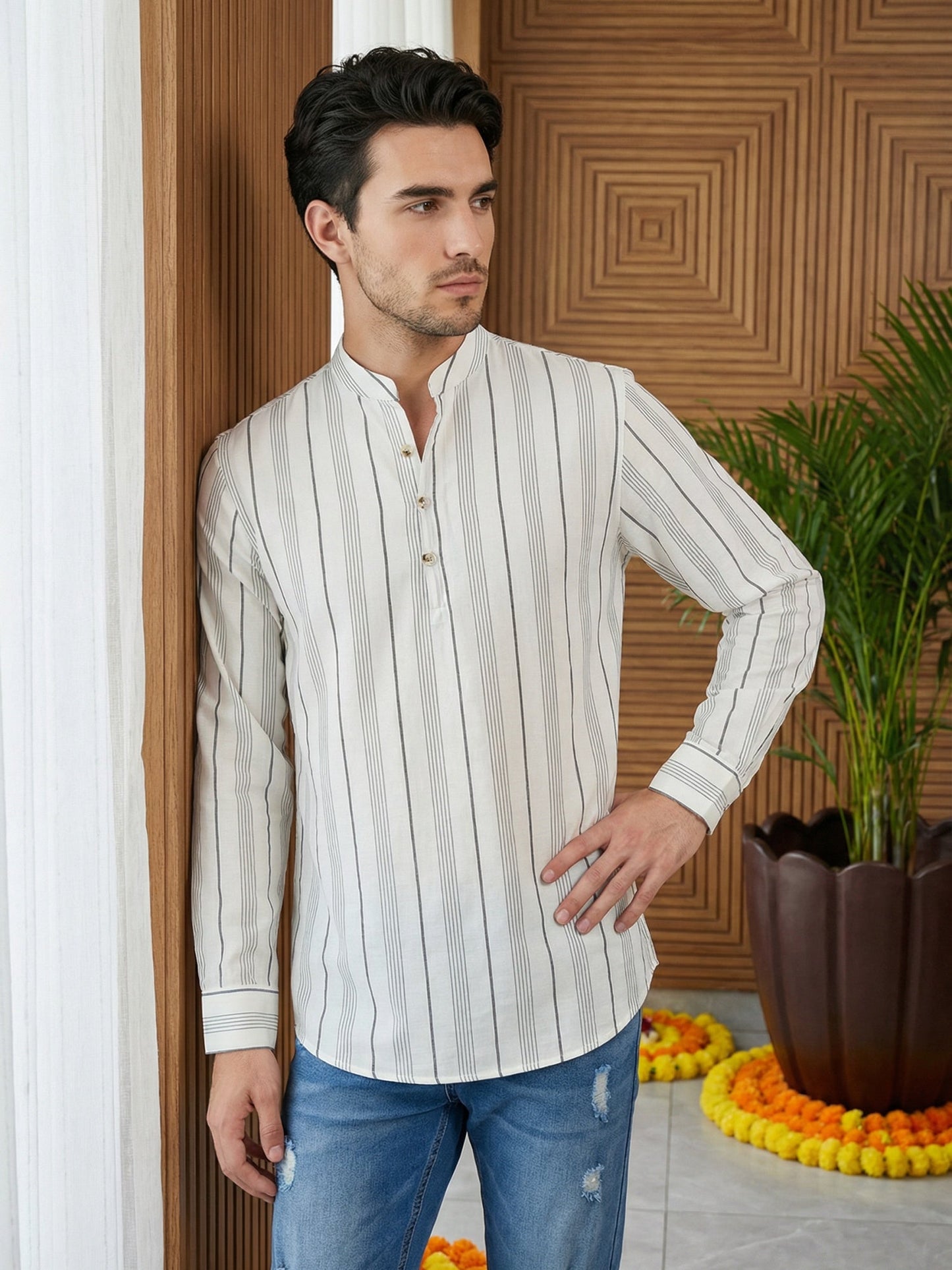 Men Cotton Blend Striped Short Kurta ( 65KO 5494White S ) [FF] [D-1]