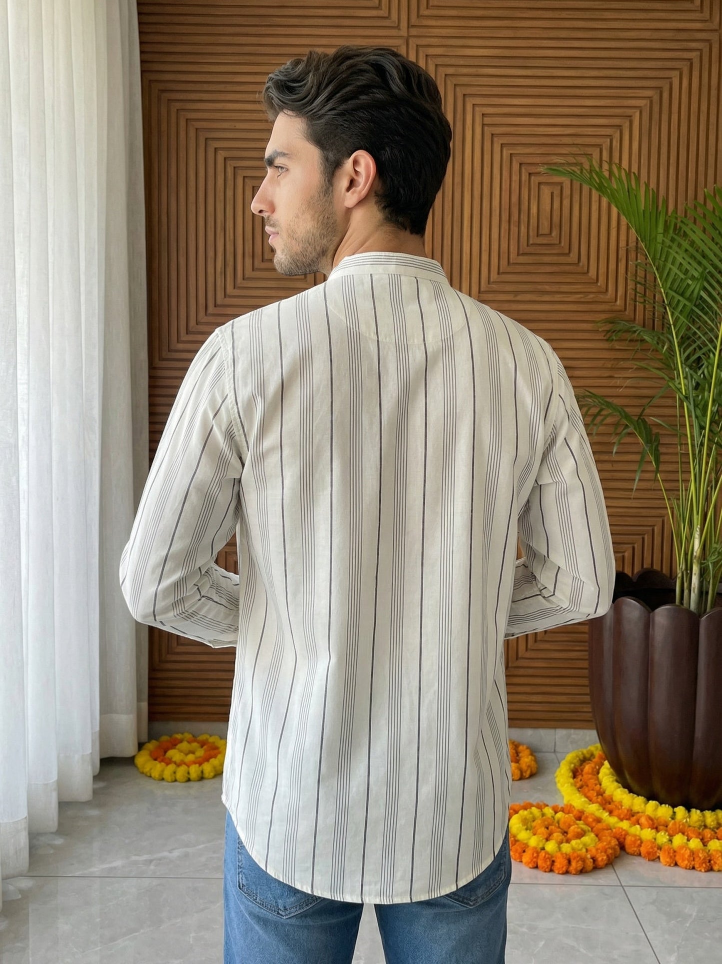 Men Cotton Blend Striped Short Kurta ( 65KO 5494White S ) [FF] [D-1]