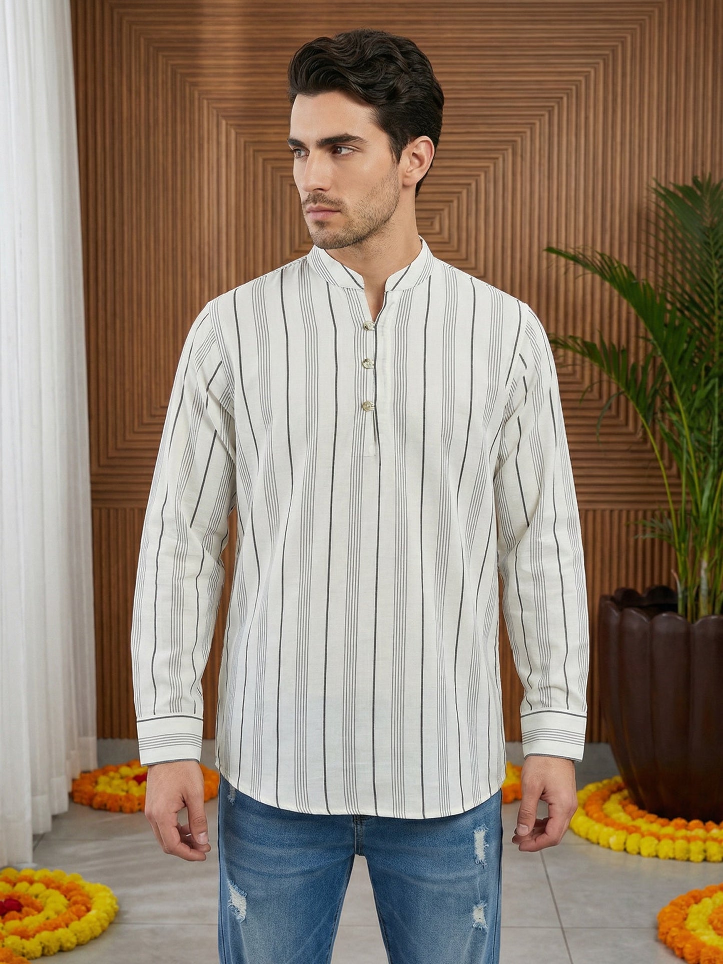 Men Cotton Blend Striped Short Kurta ( 65KO 5494White S ) [FF] [D-1]