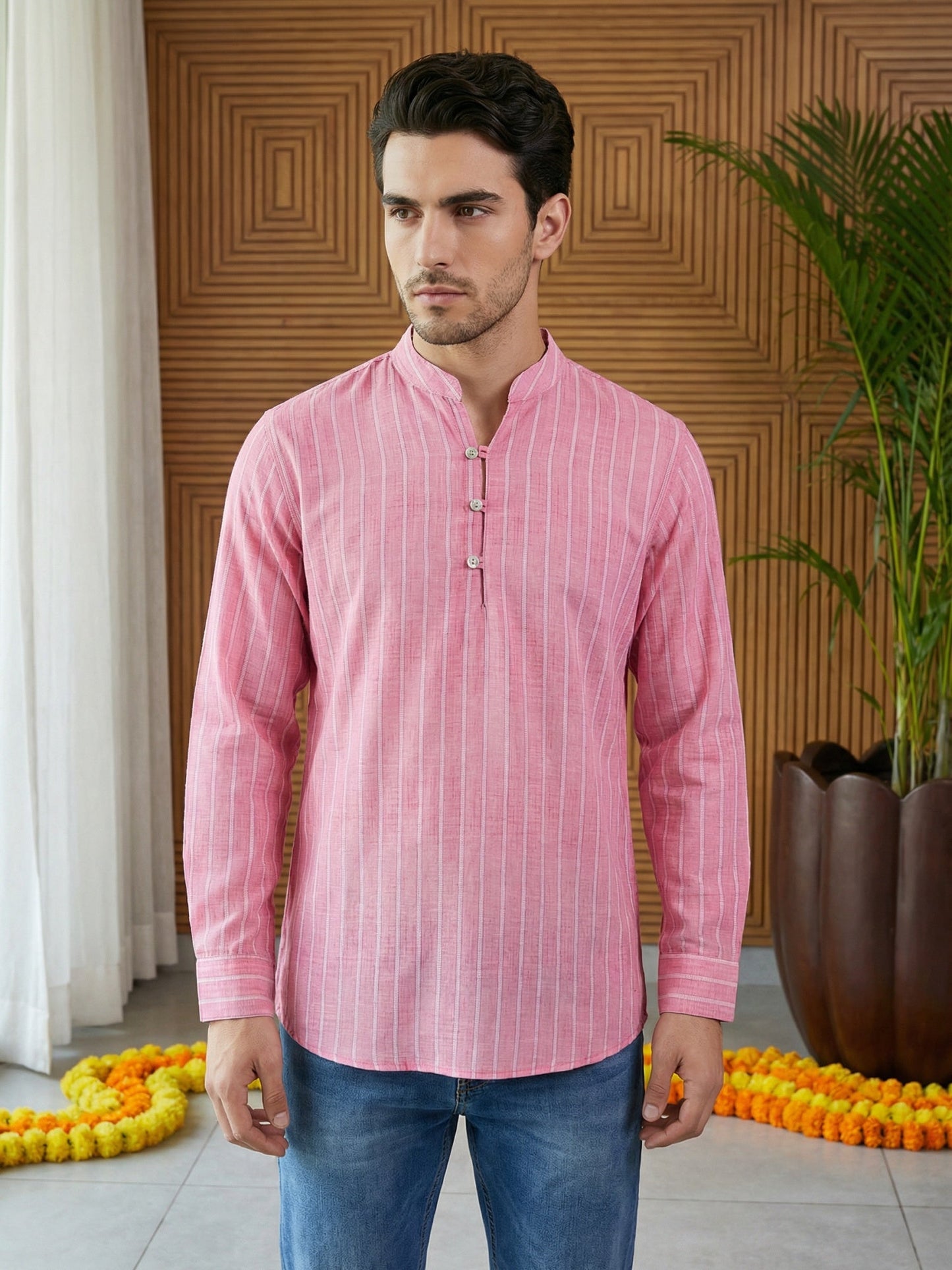 Men Striped Cotton Blend Short Kurta ( 65KO 5495Pink S ) [FF] [K-14]
