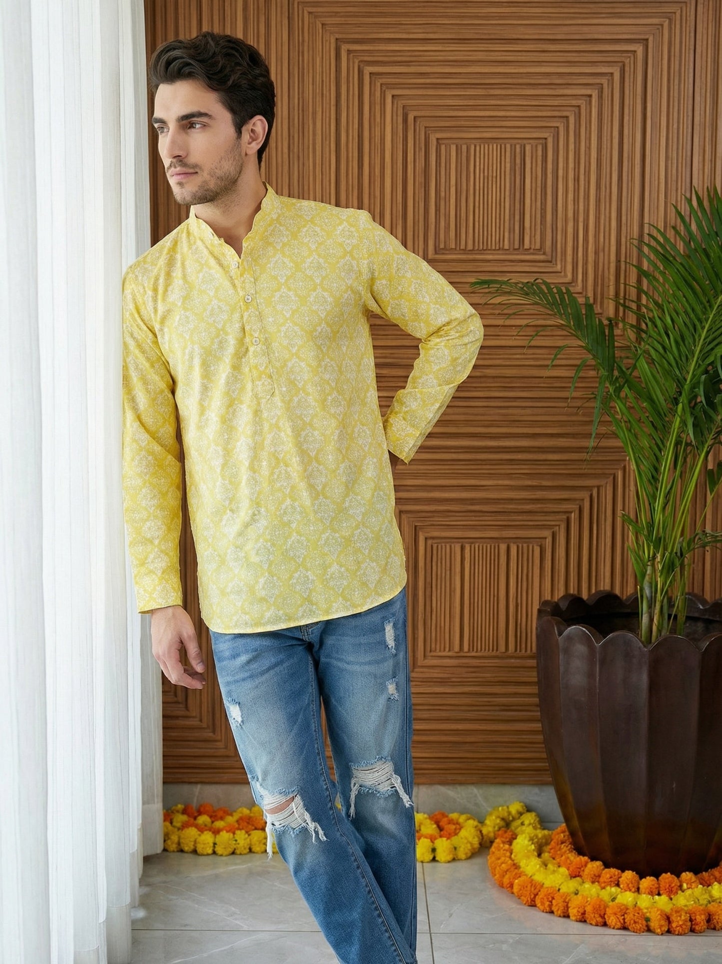 Men Printed Cotton Blend Short Kurta ( 65KO 5496Yellow S ) [FF] [A-14]