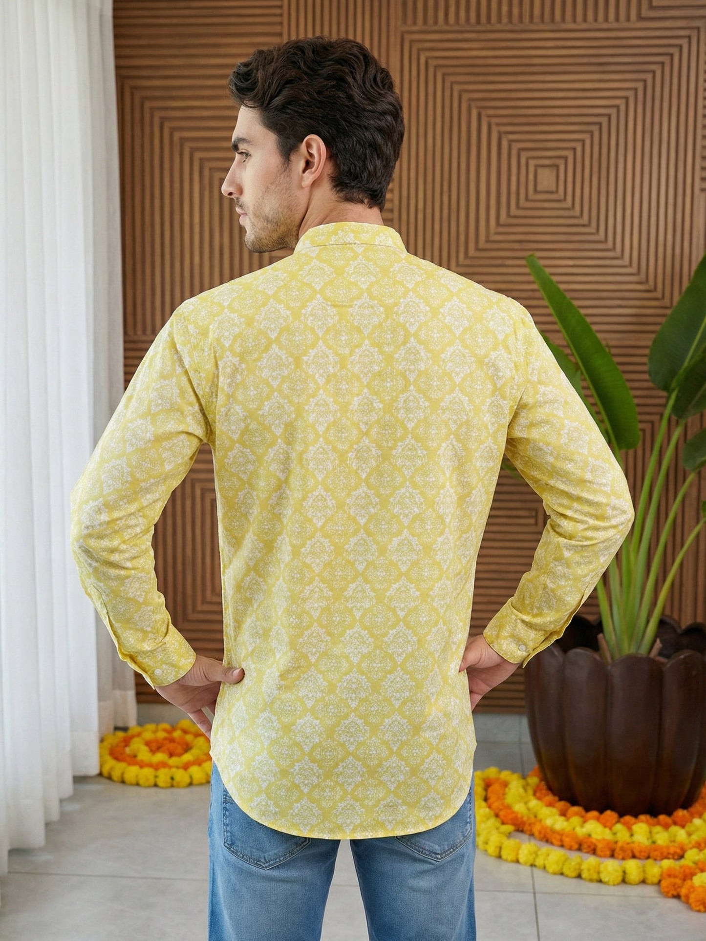 Men Printed Cotton Blend Short Kurta ( 65KO 5496Yellow S ) [FF] [A-14]