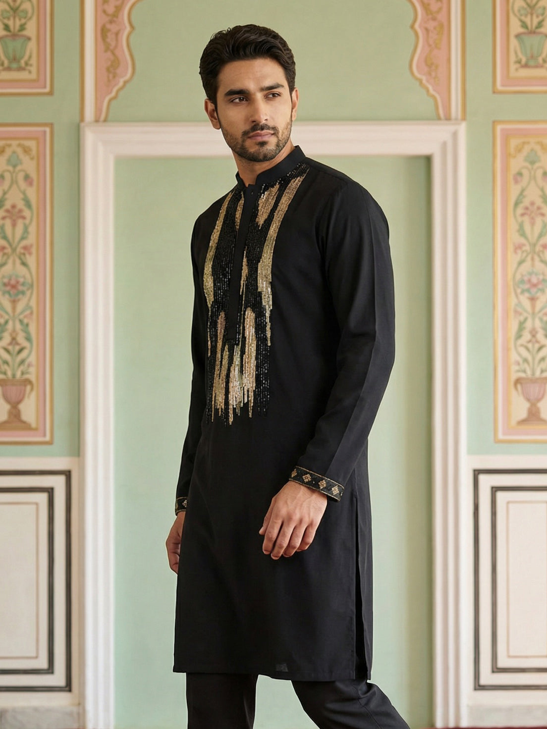 Japanese Fabric Embroidered Kurta ( 65KO 5497Black S ) [FF] [B-6]