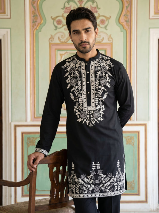 Men Japanese Fabric Embroidered Kurta ( 65KO 5498Black )